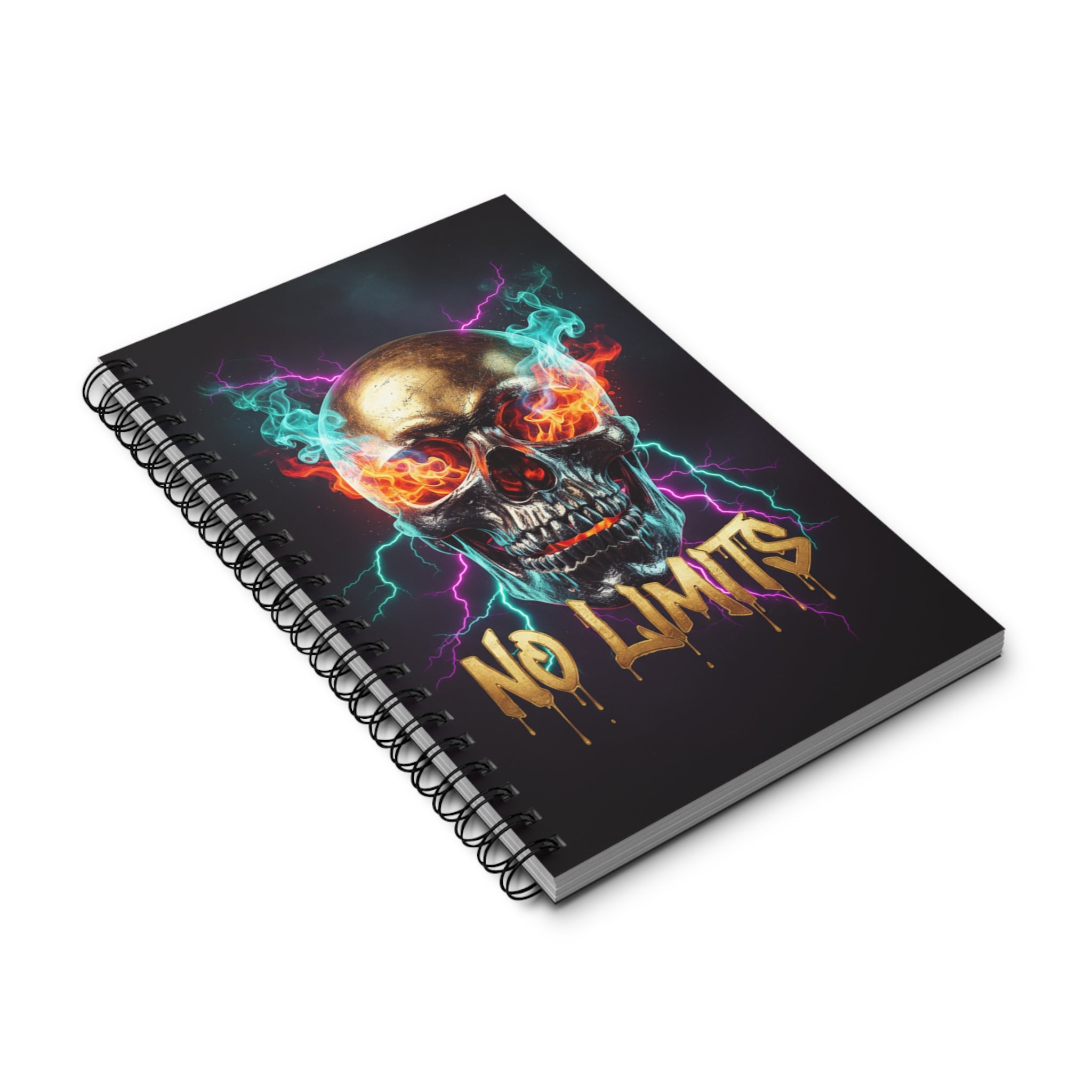 Siyah spiral defter, eğik açıdan kafatası alev grafiği ve 'NO LIMITS' yazısı