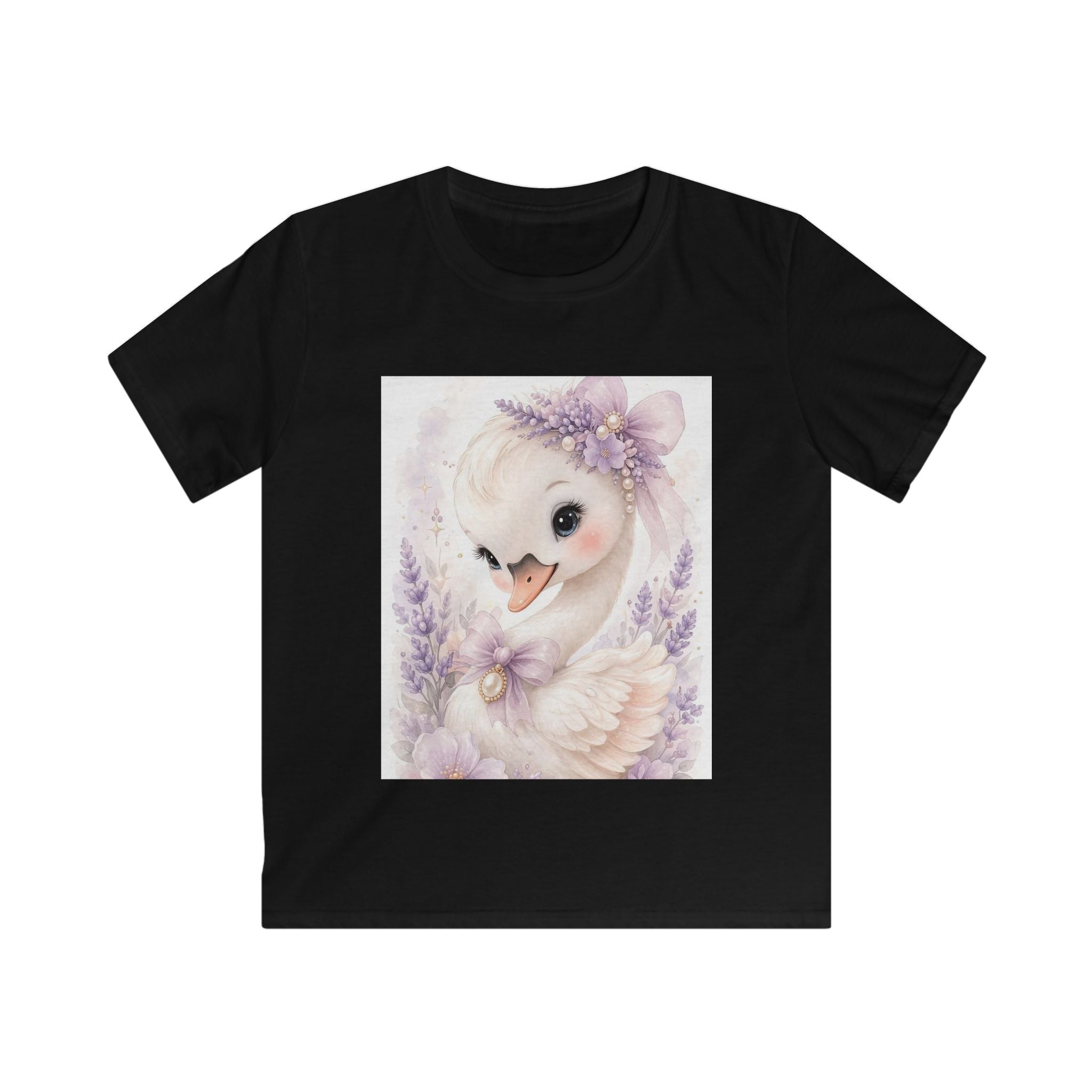 T-shirt bambino nera con stampa frontale in riquadro di un uccellino e fiori lilla