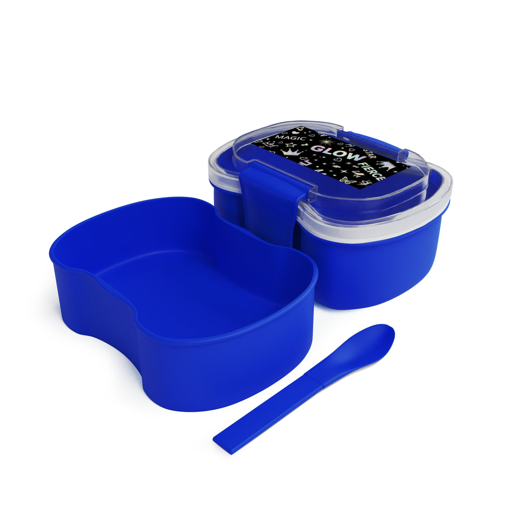 Contenitore bento blu a due scomparti con coperchio trasparente, parte superiore aperta