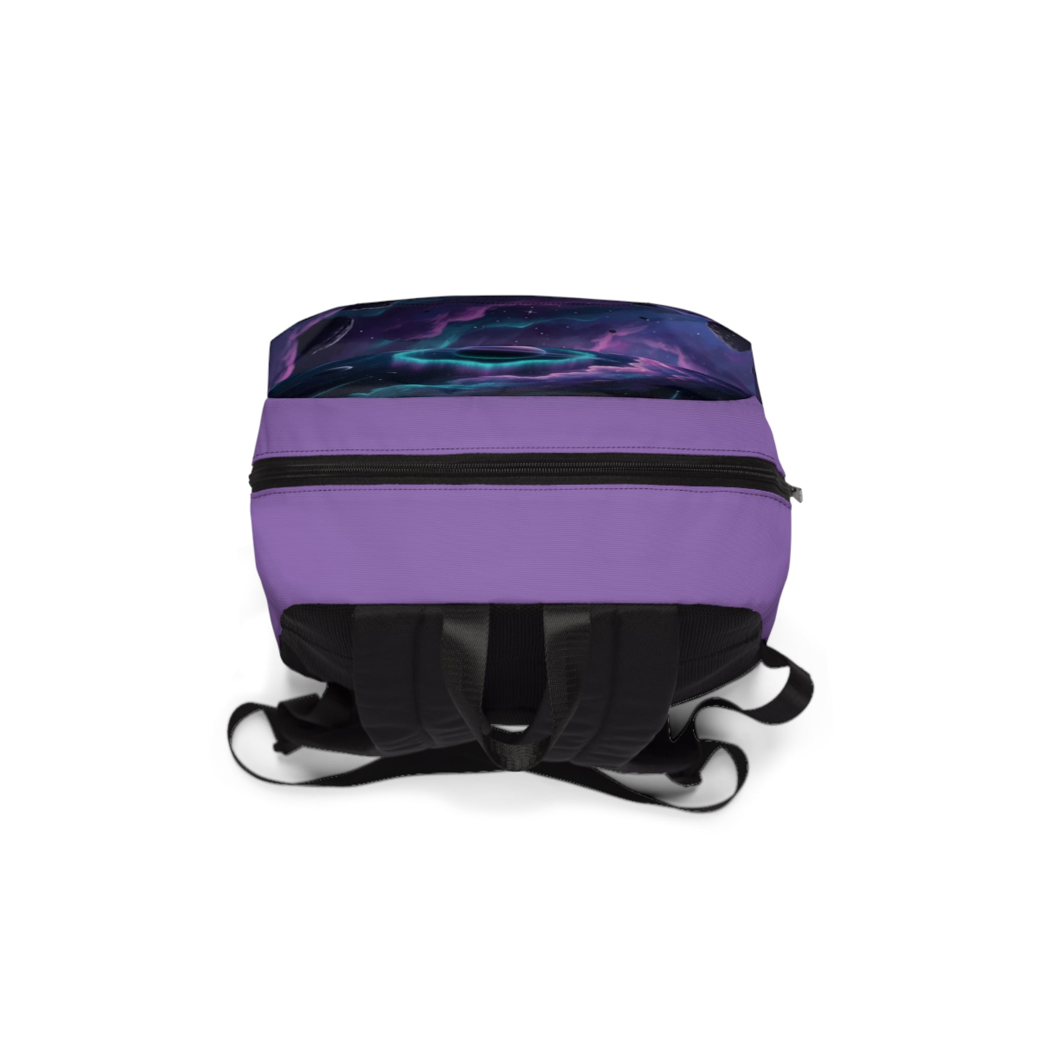 Zaino unisex vista posteriore con fascia orizzontale e spallacci imbottiti neri
