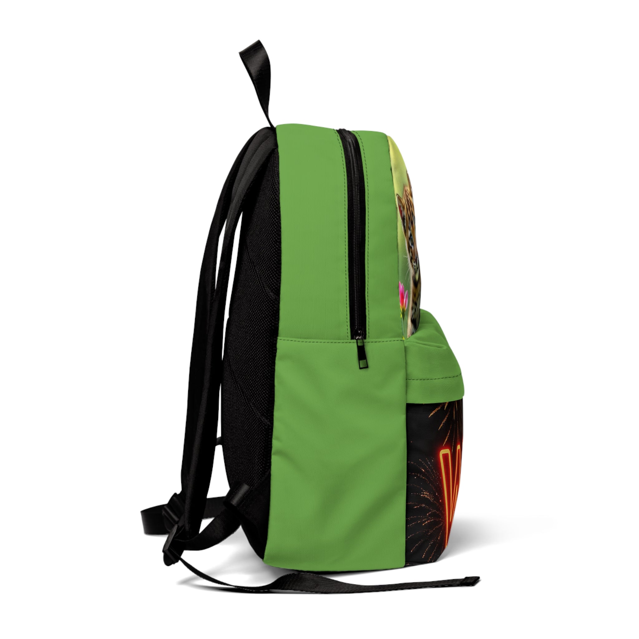 Zaino verde unisex con spallacci neri e tasca laterale, stampa colorata sul fianco