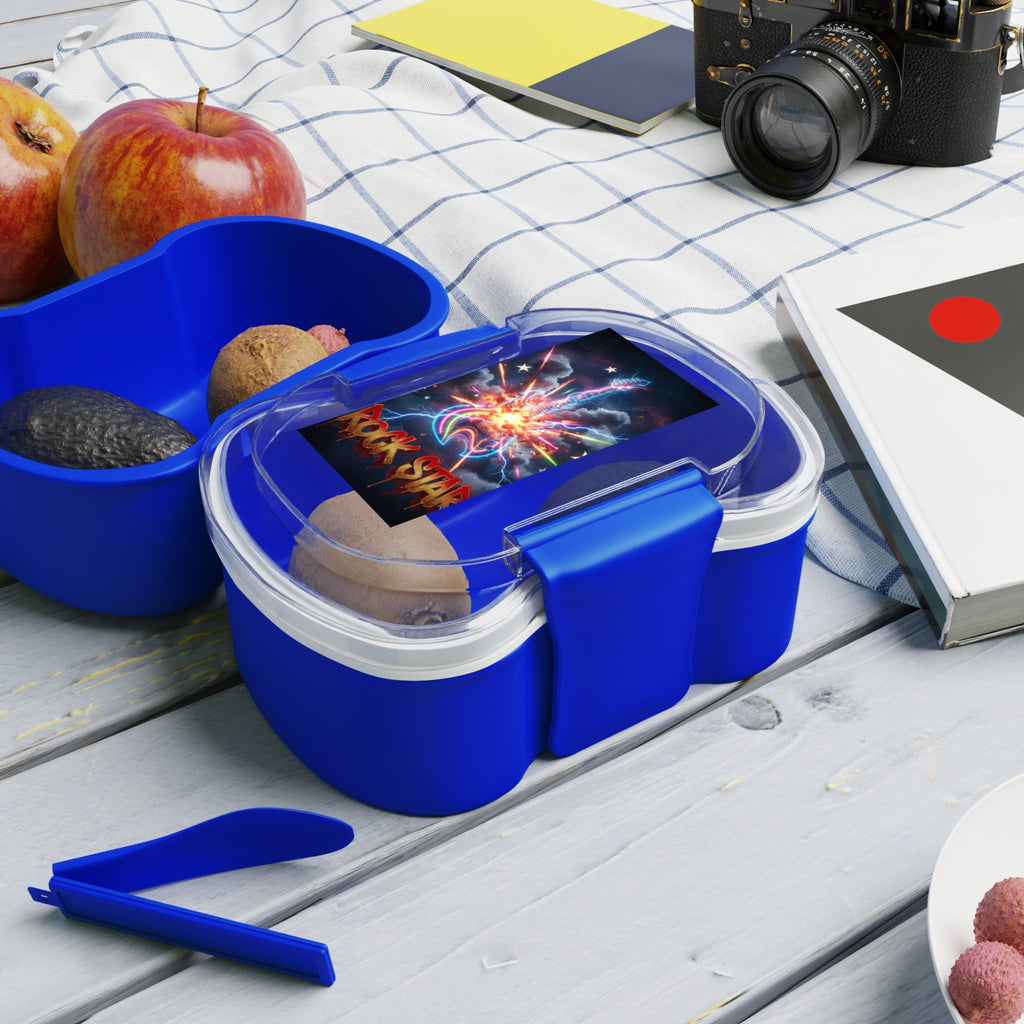 Scatola bento a due livelli blu con coperchio trasparente e scomparti, pronta all’uso