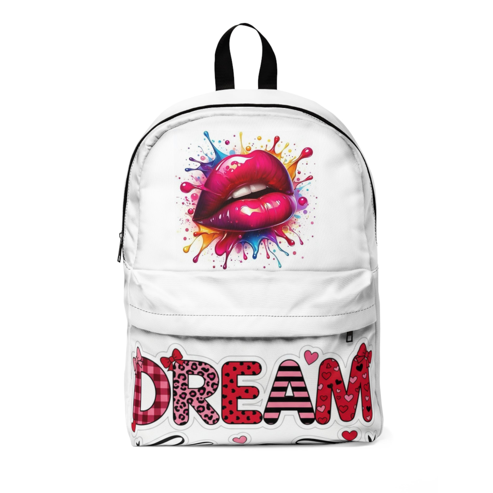 Zaino classico unisex bianco con stampa baci e scritta DREAM, tracolla nera