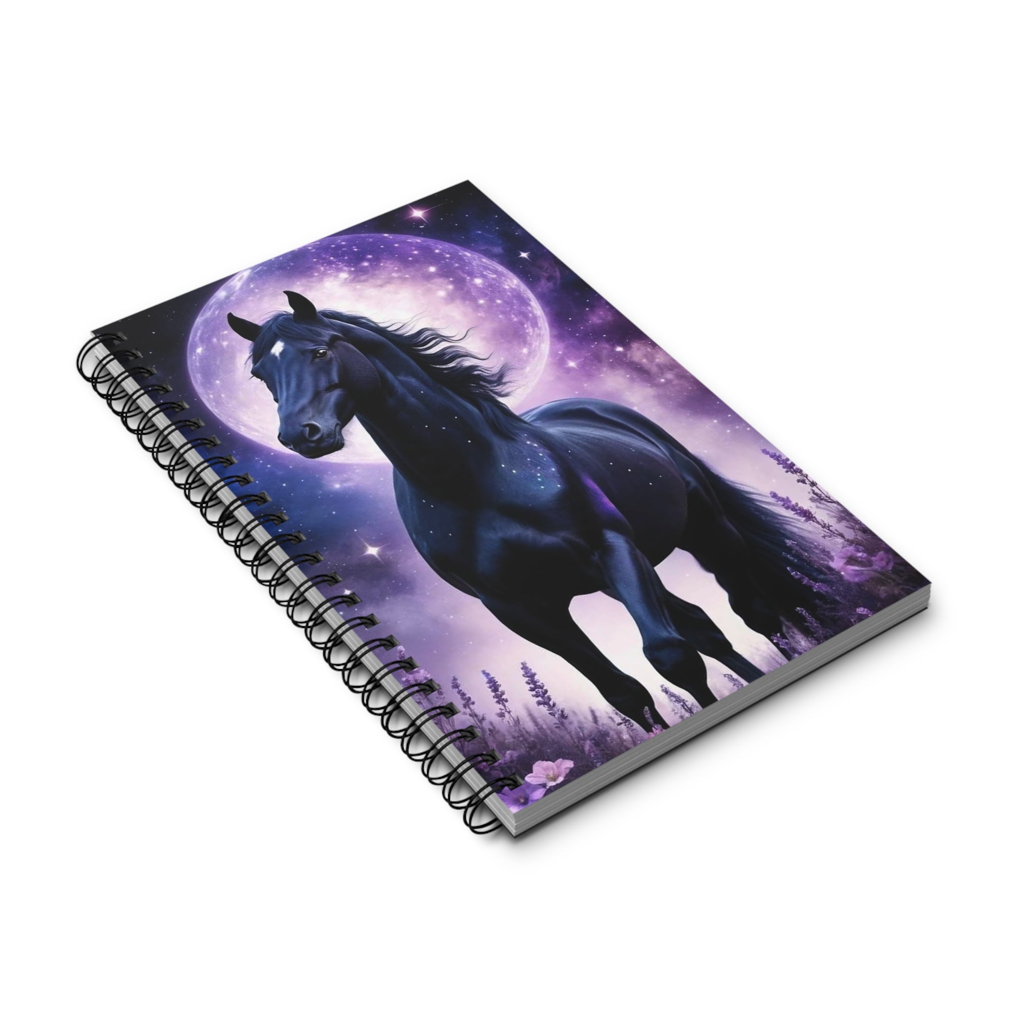 Spiral defter kapağı: mor ay ve mavi-siyah at illüstrasyonu, spiral cilt