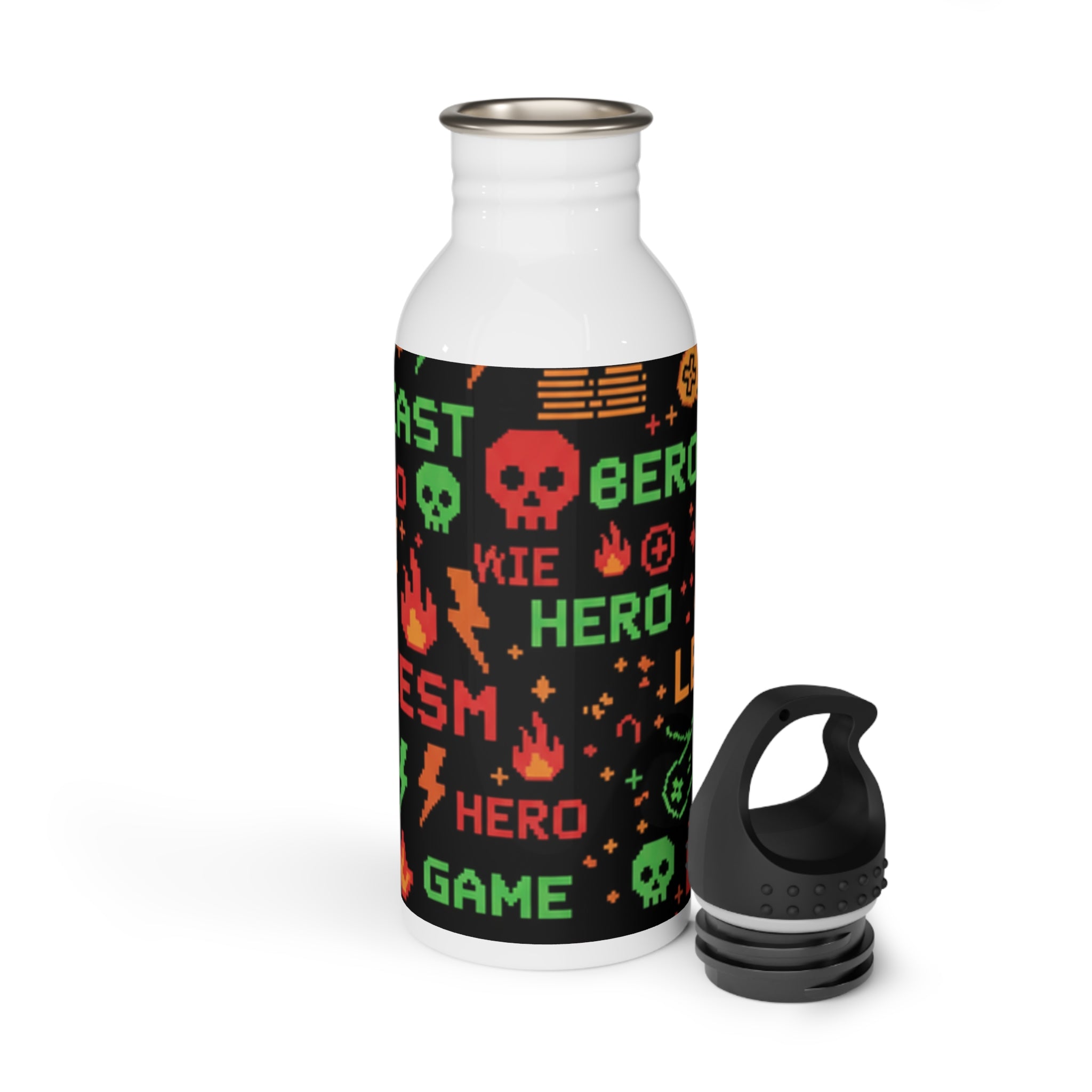 Borraccia in acciaio inox bianca con stampa gaming, tappo nero e impugnatura staccata.
