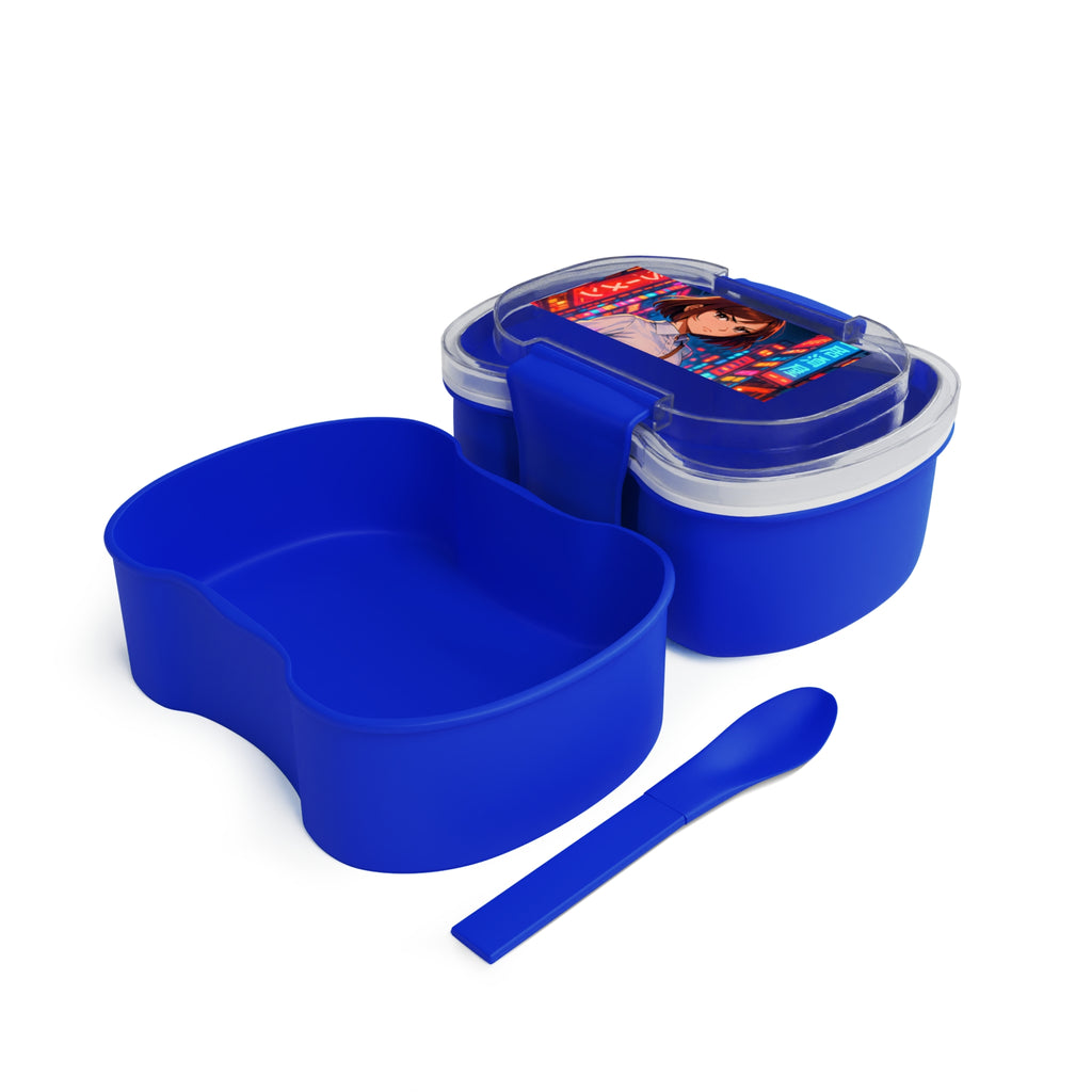 Porta pranzo blu a due scomparti aperto, due vaschette separate con coperchio trasparente