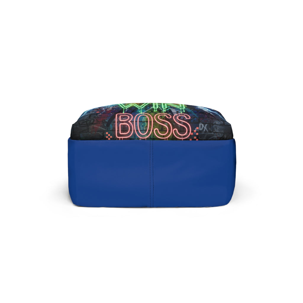 Zaino unisex blu con fascia superiore nera stampata e scritta BOSS in neon