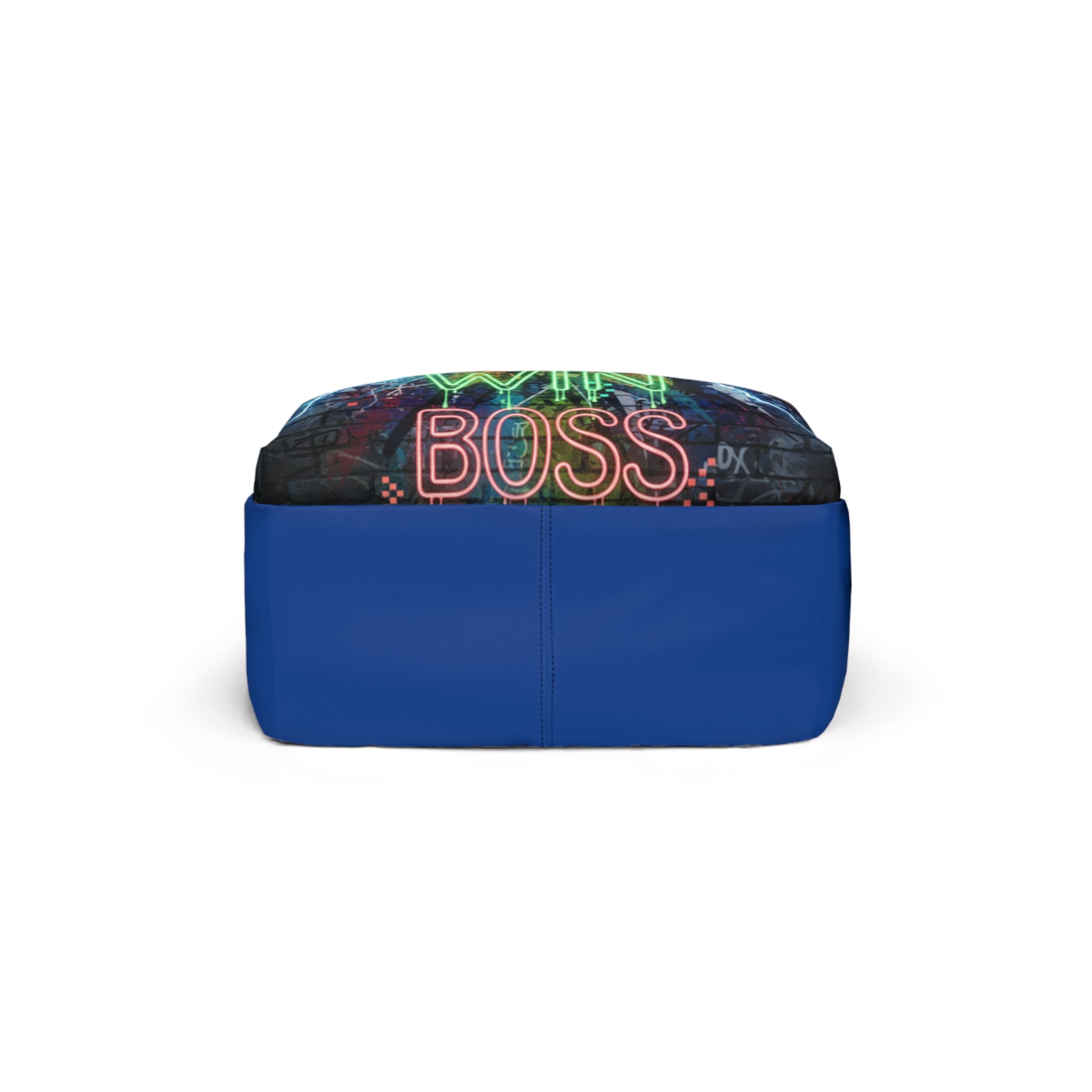 Zaino unisex blu con fascia superiore nera stampata e scritta BOSS in neon