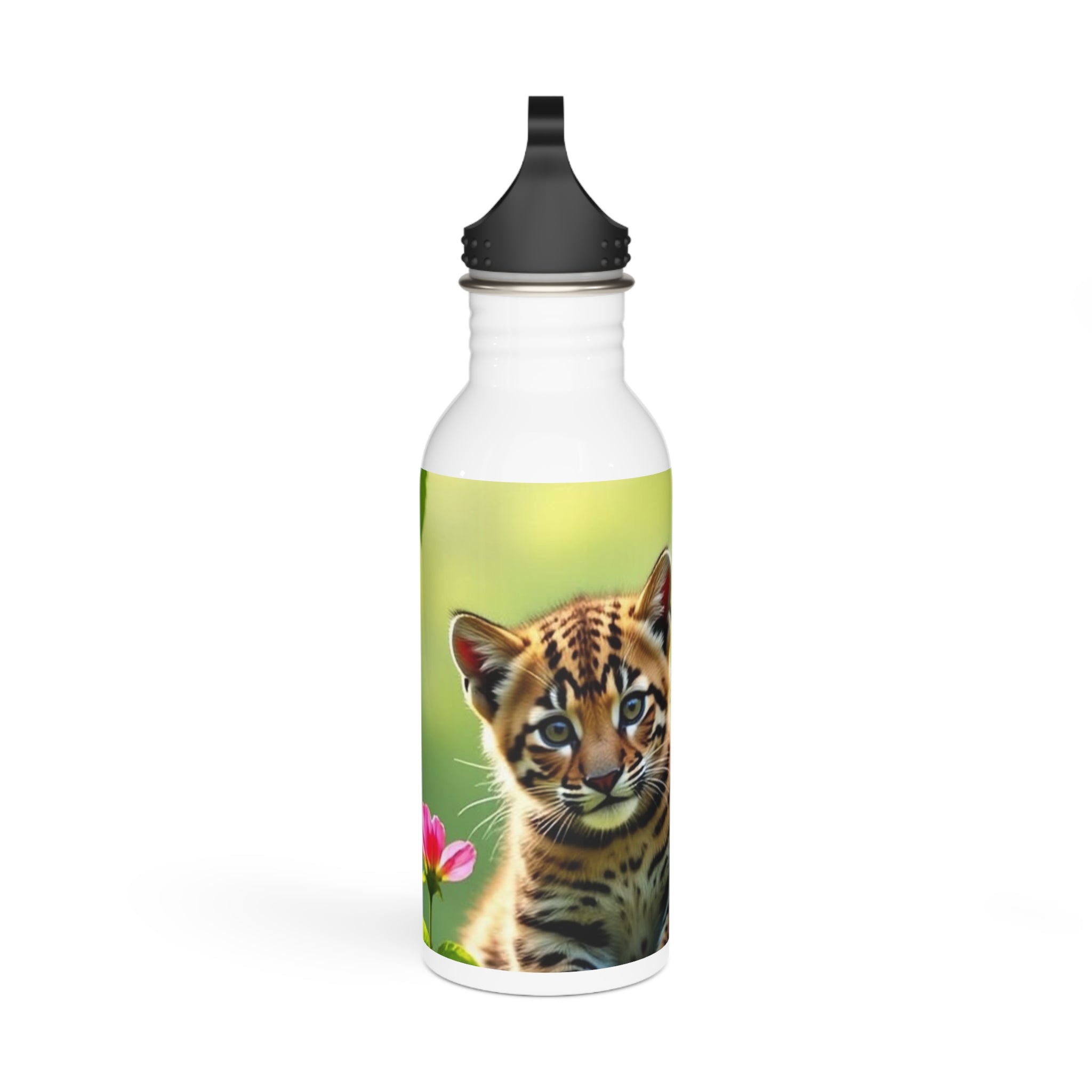 Borraccia in acciaio inox bianca con coperchio nero e grafica di cucciolo di tigre.