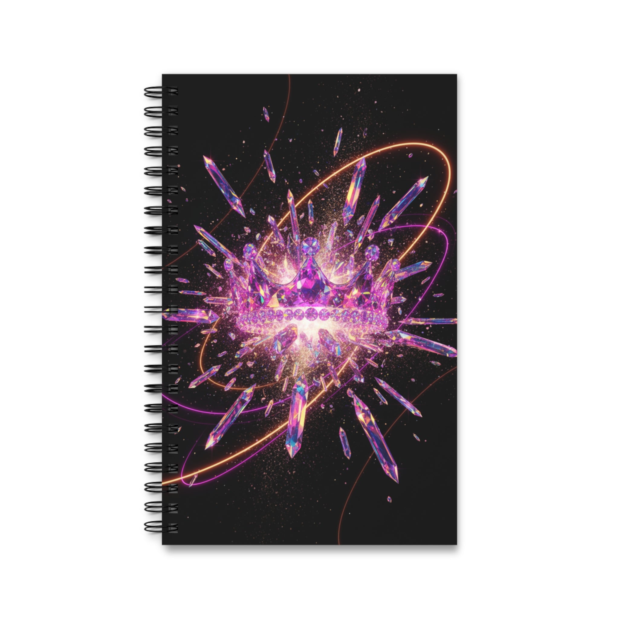 Quaderno a spirale nero con grafica esplosione viola e rosa, copertina rigida.