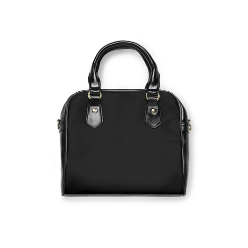 Borsa a spalla nera liscia con manici e dettagli dorati.