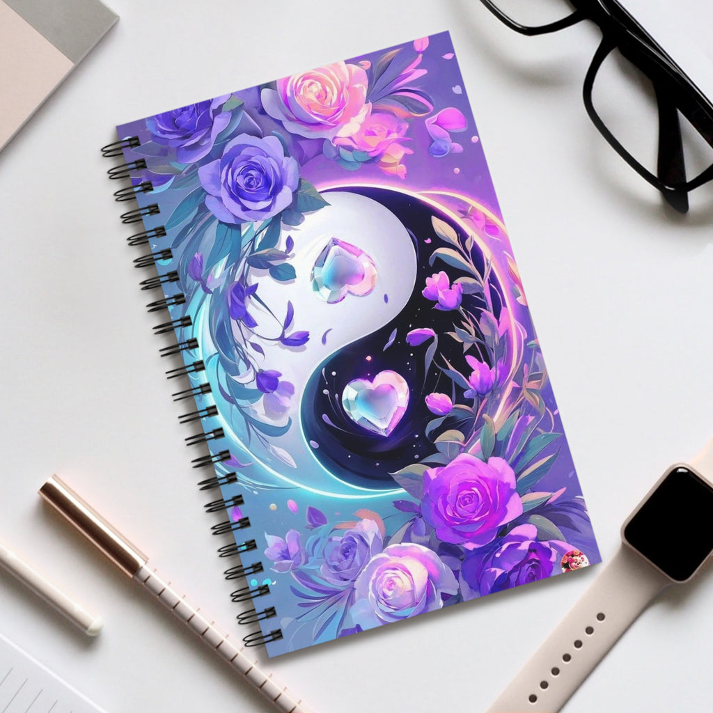 Quaderno a spirale con copertina illustrata floreale e astrale viola e rosa