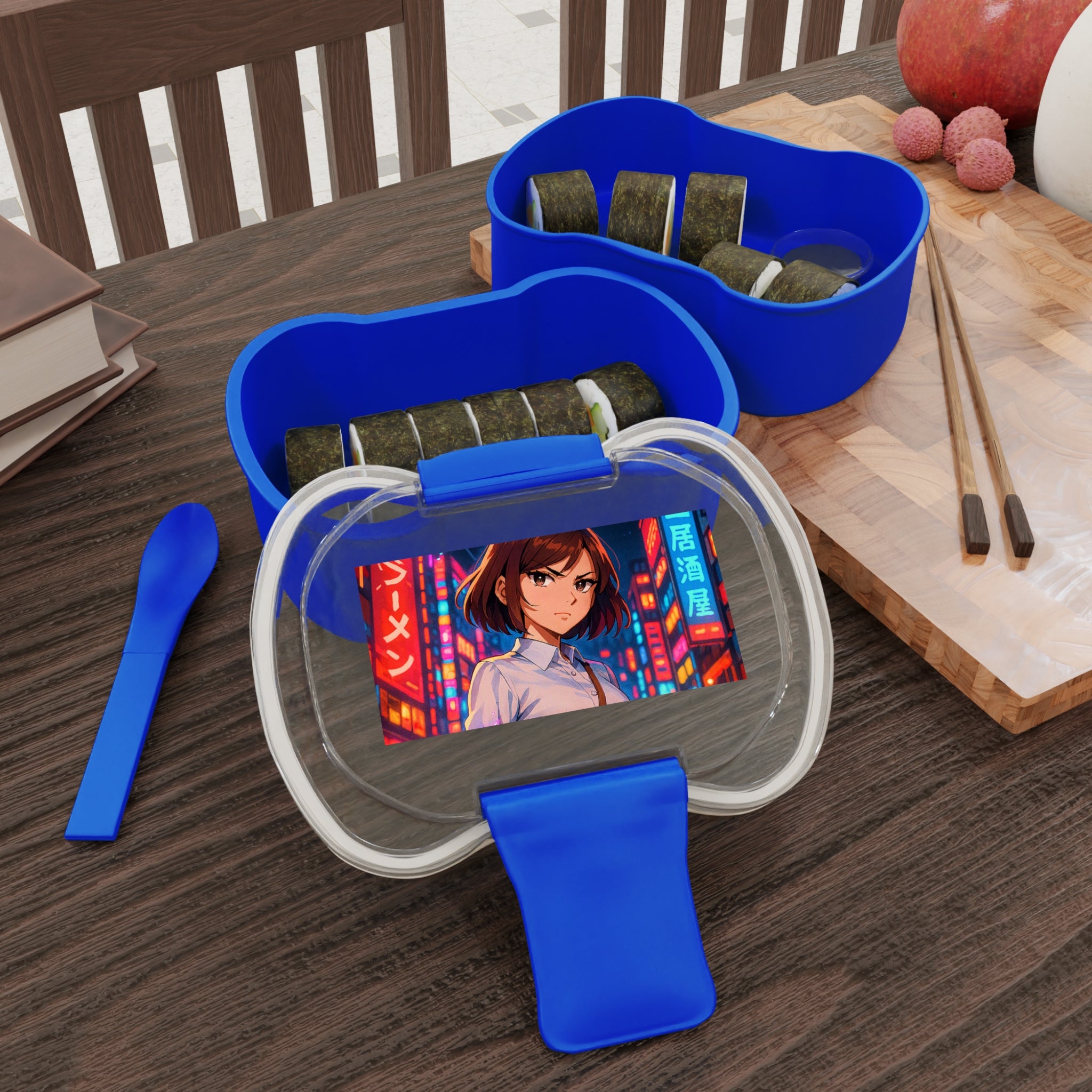 Porta pranzo blu a due scomparti con due vaschette e coperchio trasparente aperto