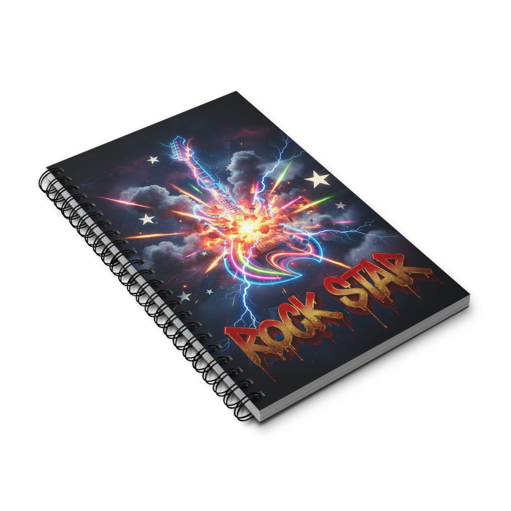 Siyah kapaklı spiral defter; eğik açı, renkli yıldızlı şimşek enerji deseni