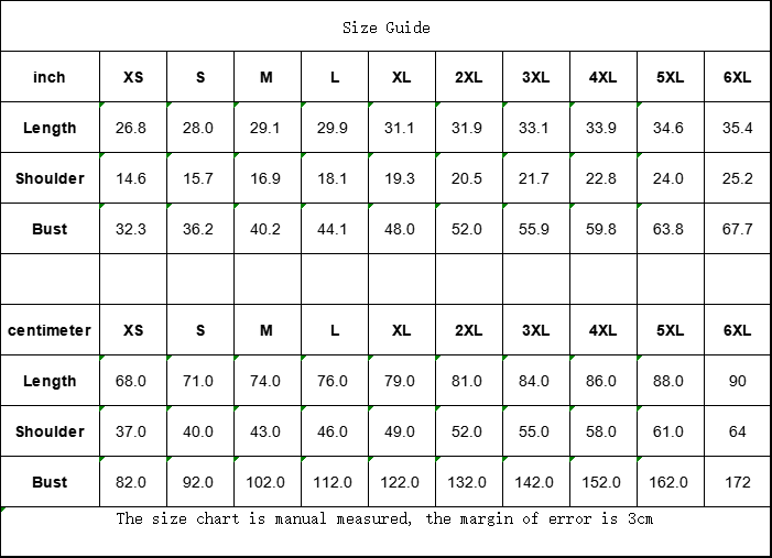Guida taglie maglietta: tabella pollici e centimetri (XS–6XL)