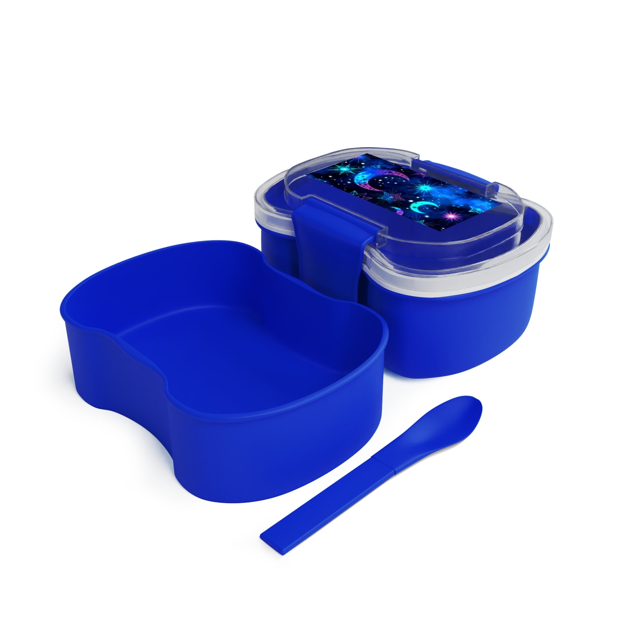Contenitore bento blu a due livelli con coperchio trasparente e scomparto interno.