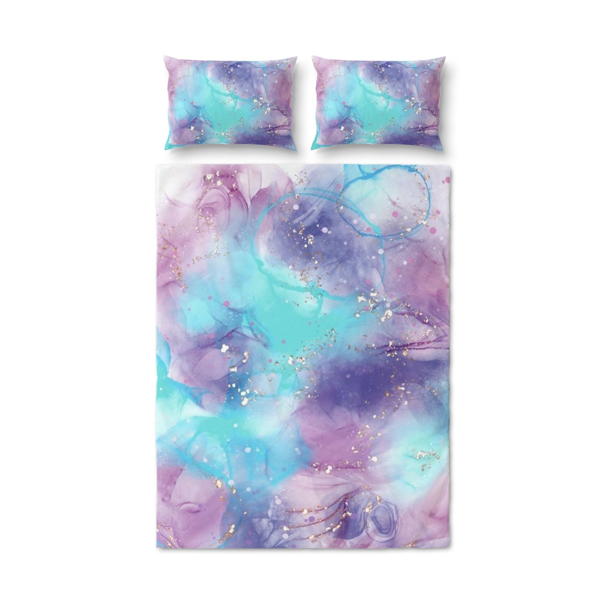Copripiumino e 2 federe con fantasia astratta blu, turchese e viola
