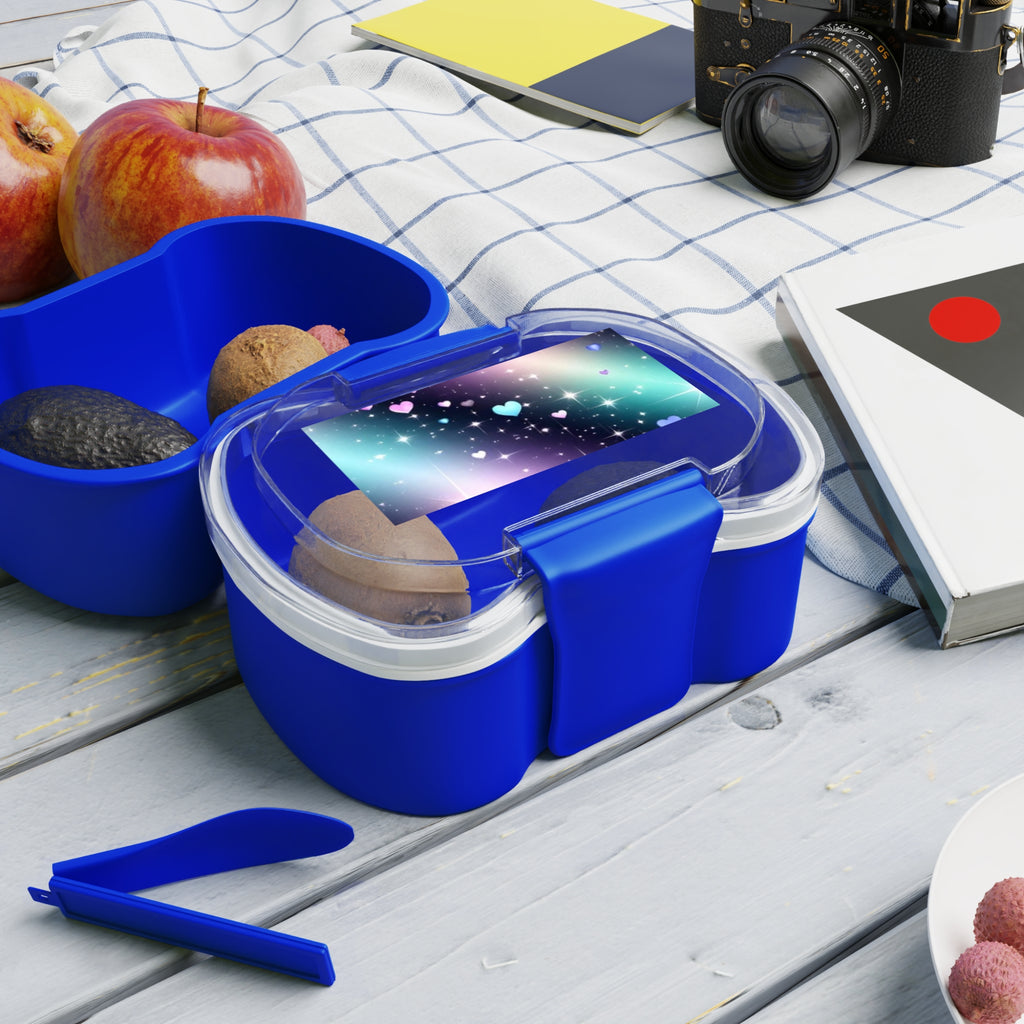 Bento blu a due livelli con coperchio trasparente e chiusure laterali