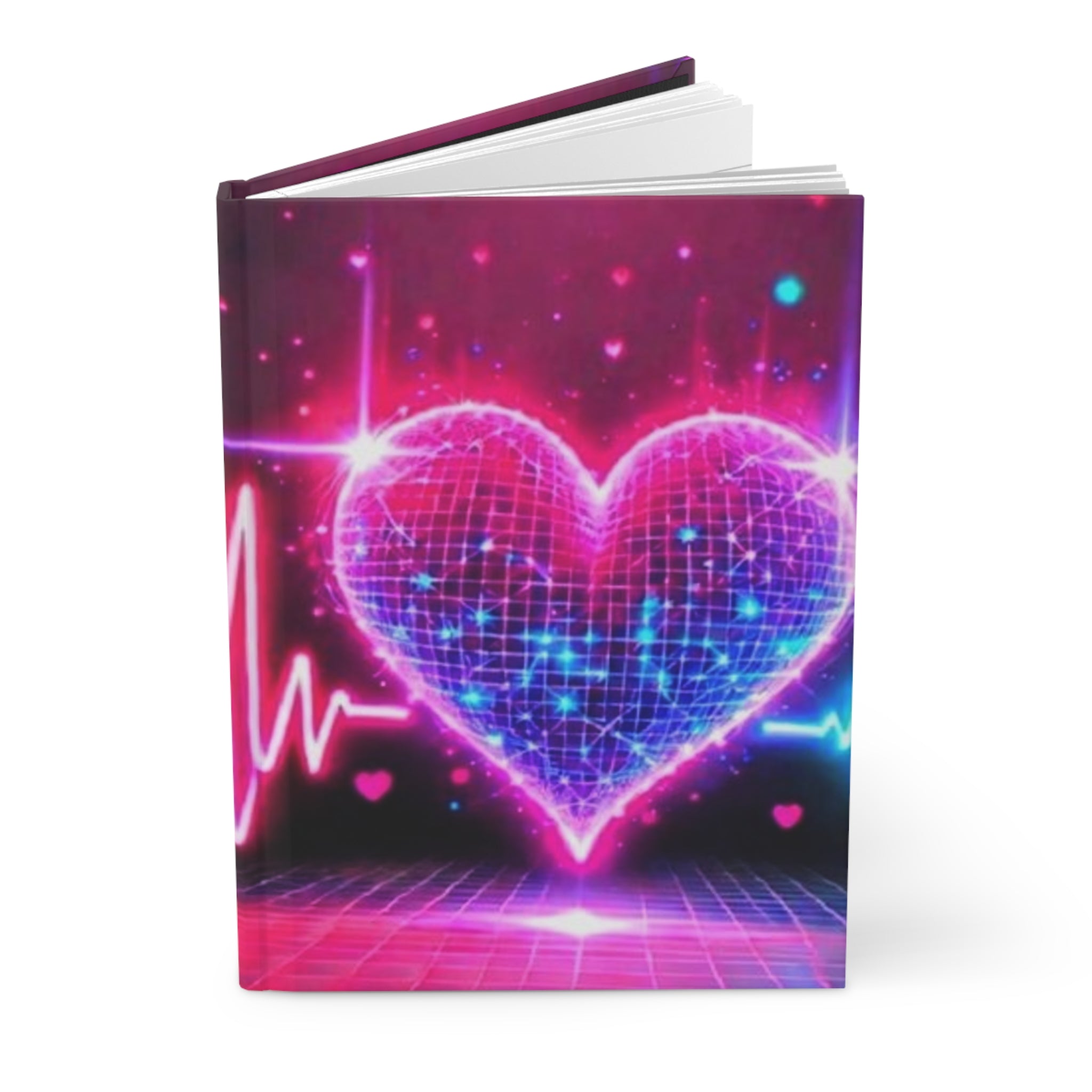 Diario rigido opaco con copertina rosa e cuori neon, vista laterale