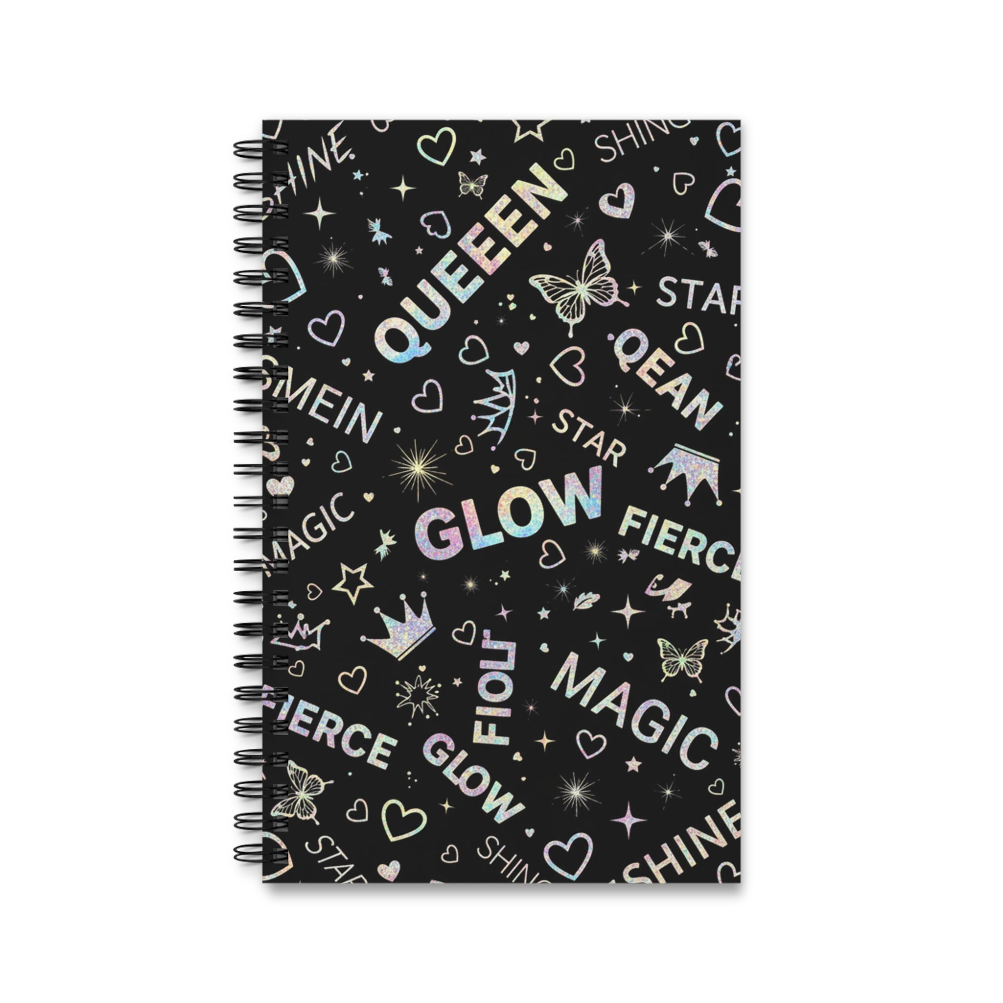 Quaderno con copertina nera, scritte QUEEN/GLOW e motivi di stelle, cuori e farfalle