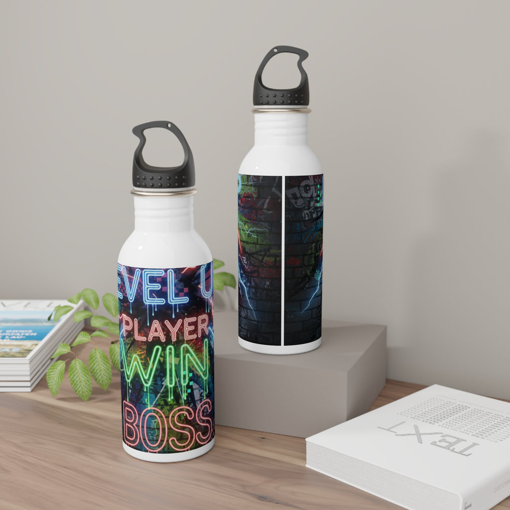 Due borracce in acciaio inox con tappo nero: una bianca e una scura con grafica neon.