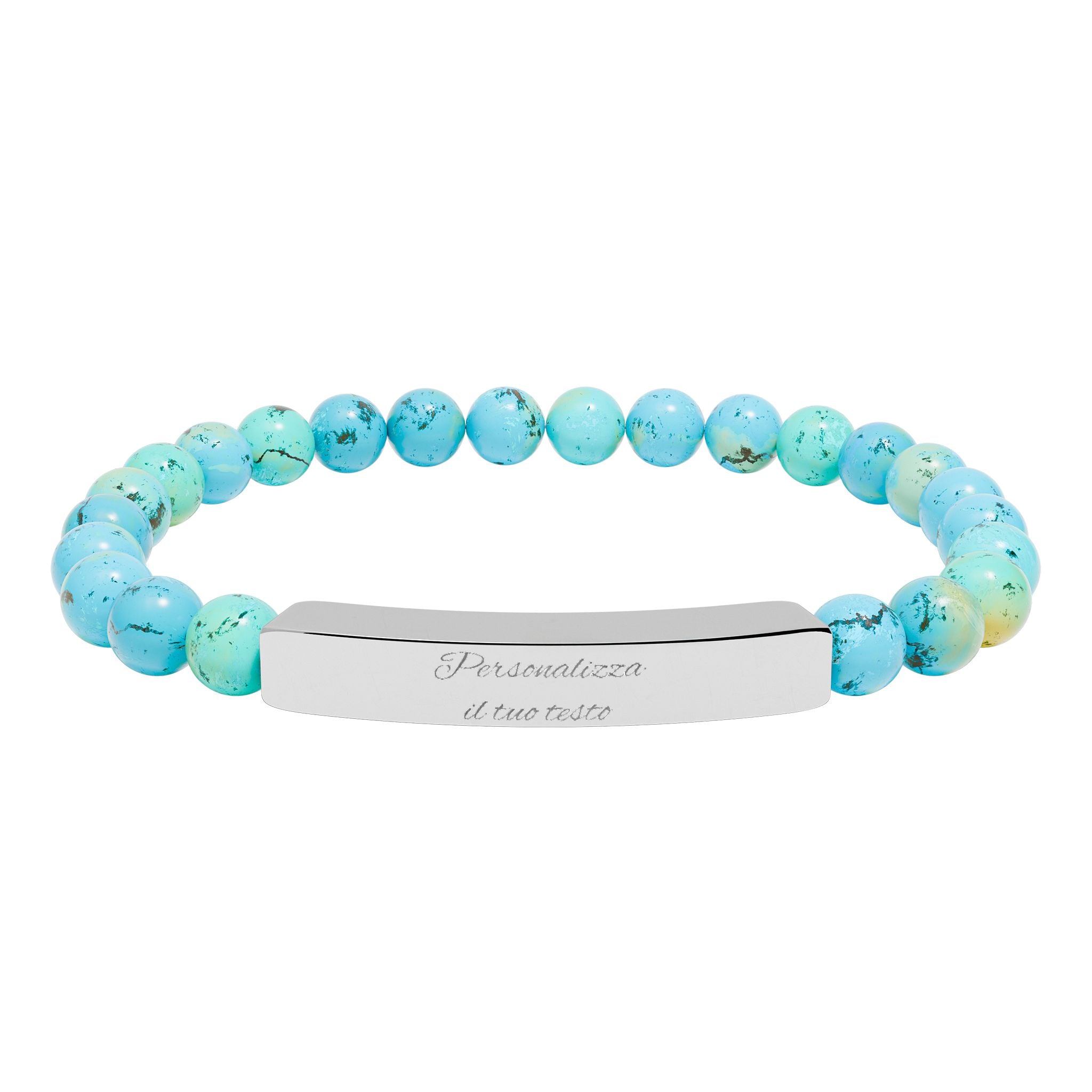 Bracciale in pietre naturali turchesi con targhetta d’acciaio e incisione
