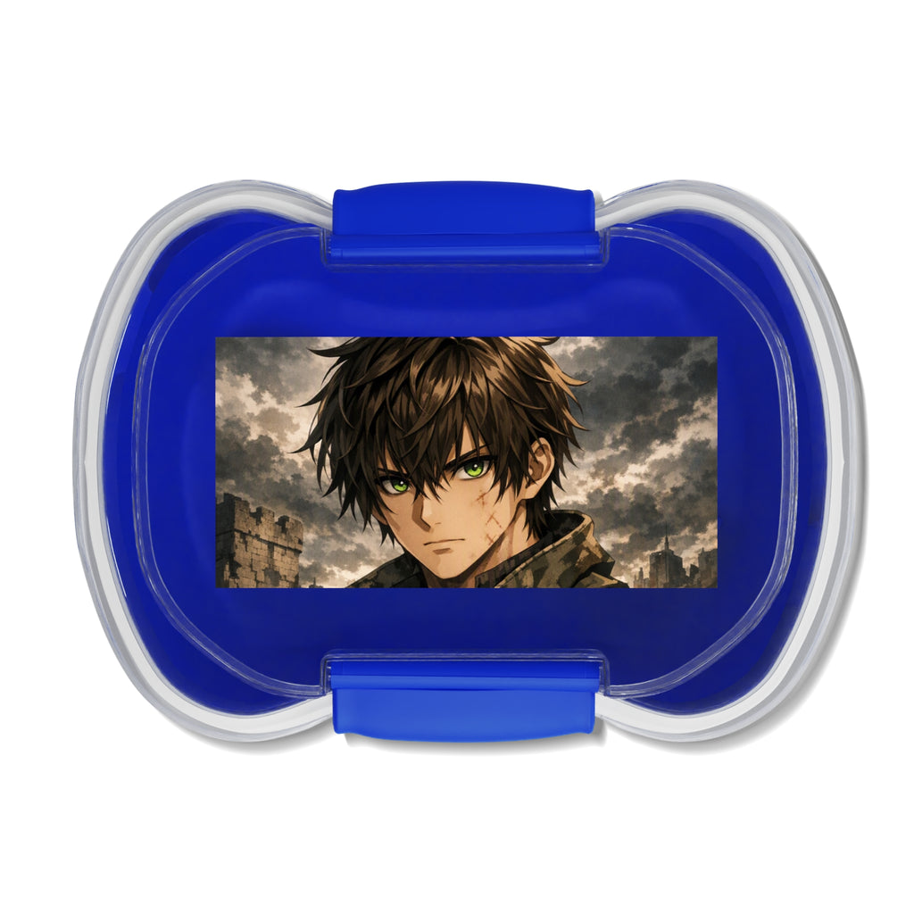 Pranzo bento a due livelli blu con coperchio trasparente e inserto grafico frontale.