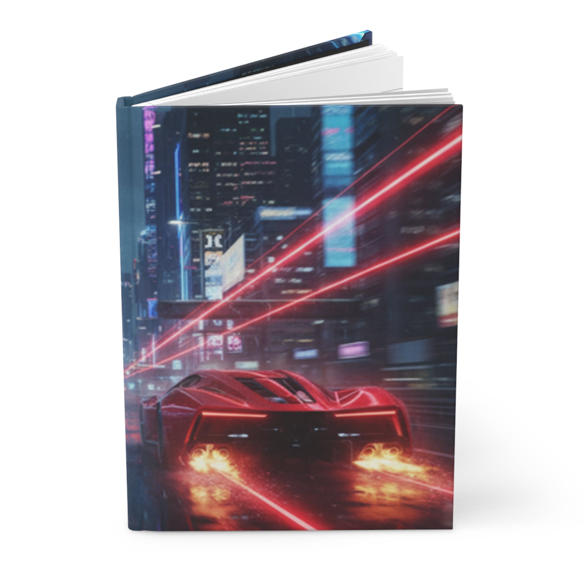 Mat sert kapaklı defter, kırmızı neon araçlı şehir baskılı kapak