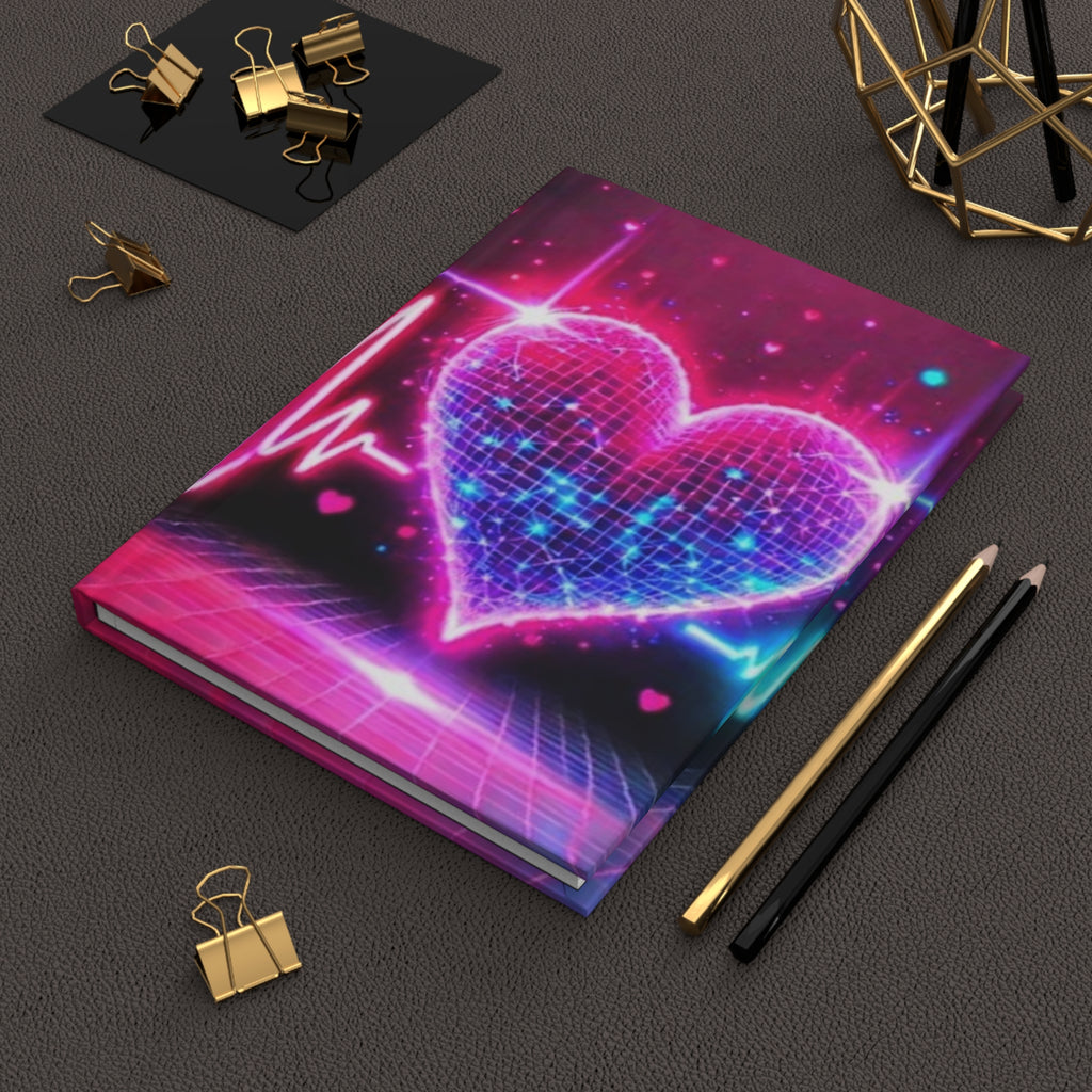 Diario rigido opaco con copertina rosa e cuori neon, con penna visibile