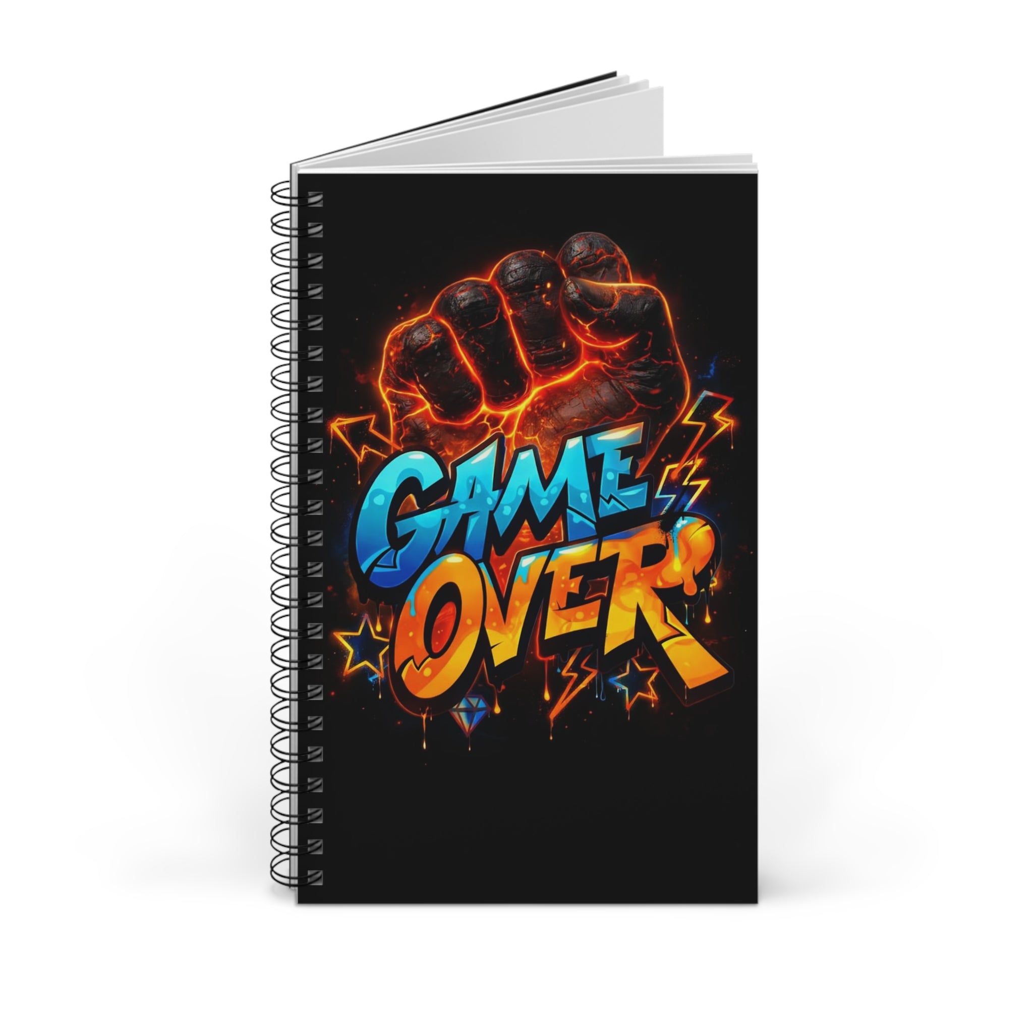 Quaderno nero con copertina Game Over e spirale, pagine bianche in vista