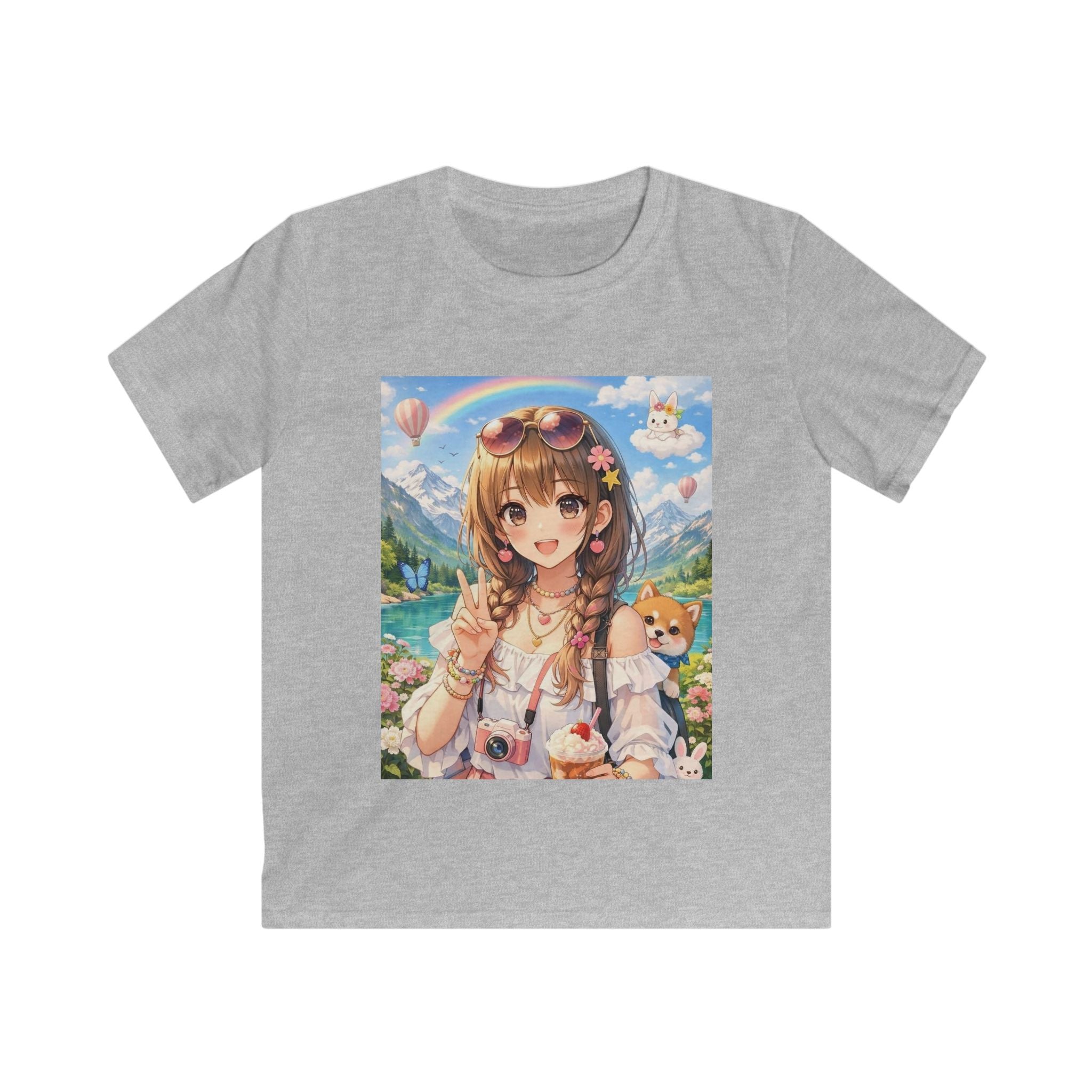T-shirt bambino grigio sport girocollo con stampa quadrata colorata