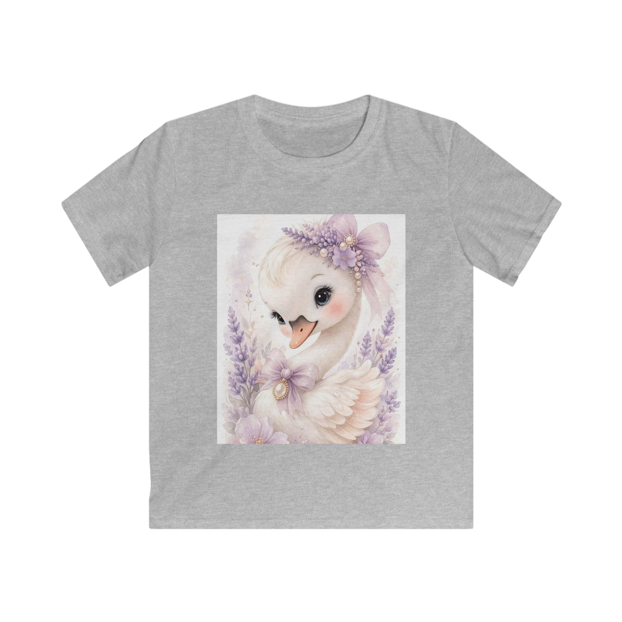 T-shirt bambino grigio chiara con stampa frontale di un uccellino e fiori lilla