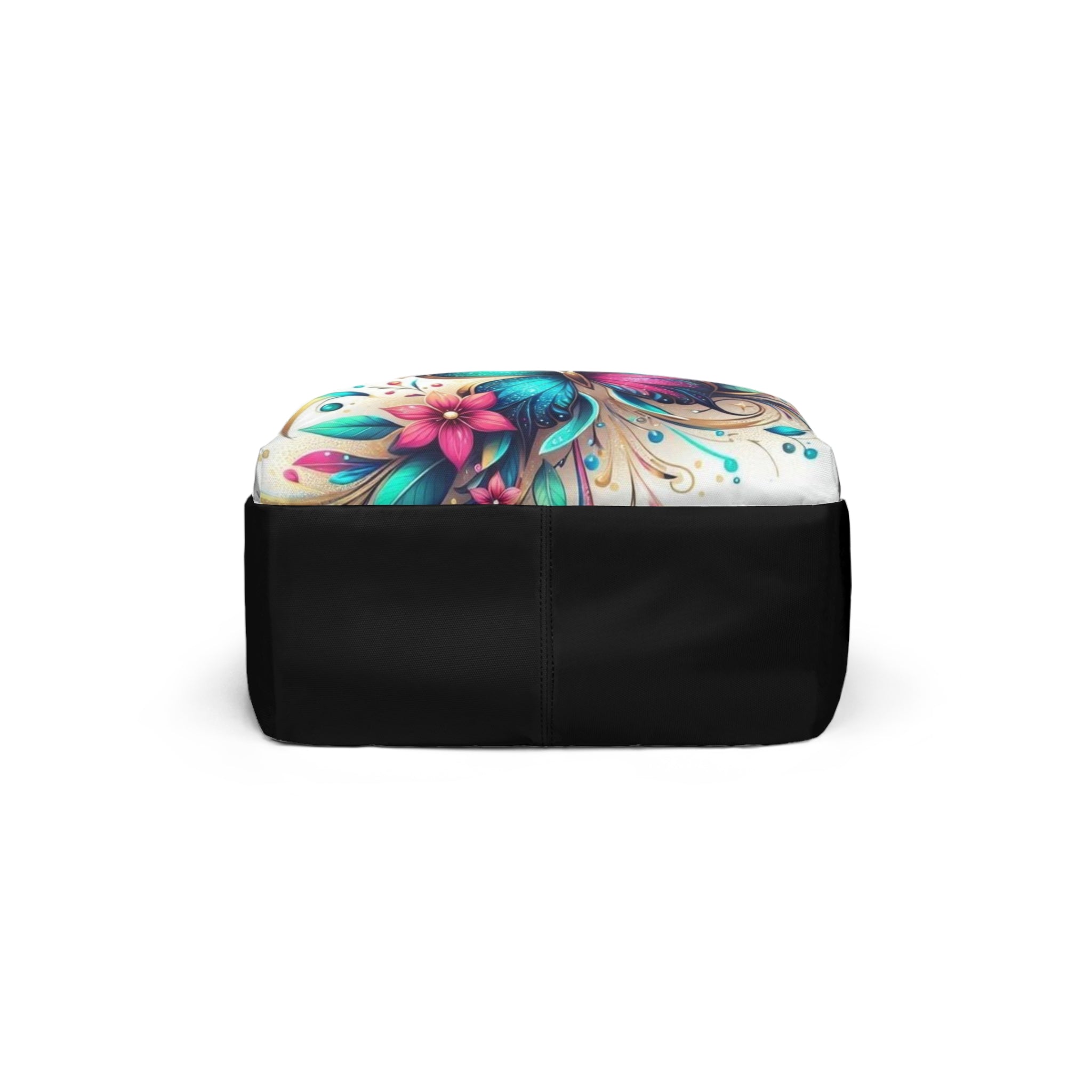 Zaino unisex nero con base nera e parte superiore bianca con stampa farfalle colorate.