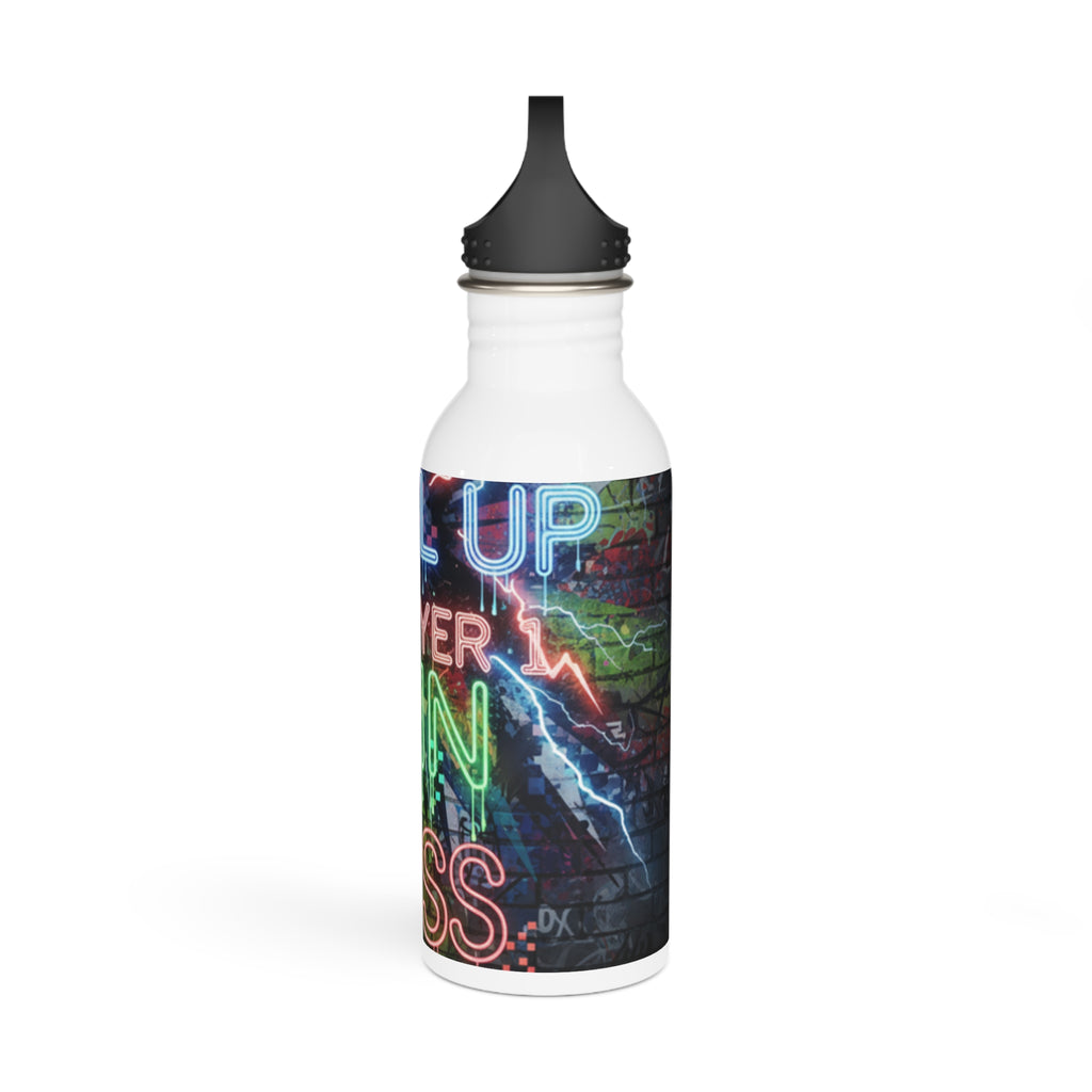 Borraccia in acciaio inox bianca con tappo nero e scritte neon su sfondo scuro.