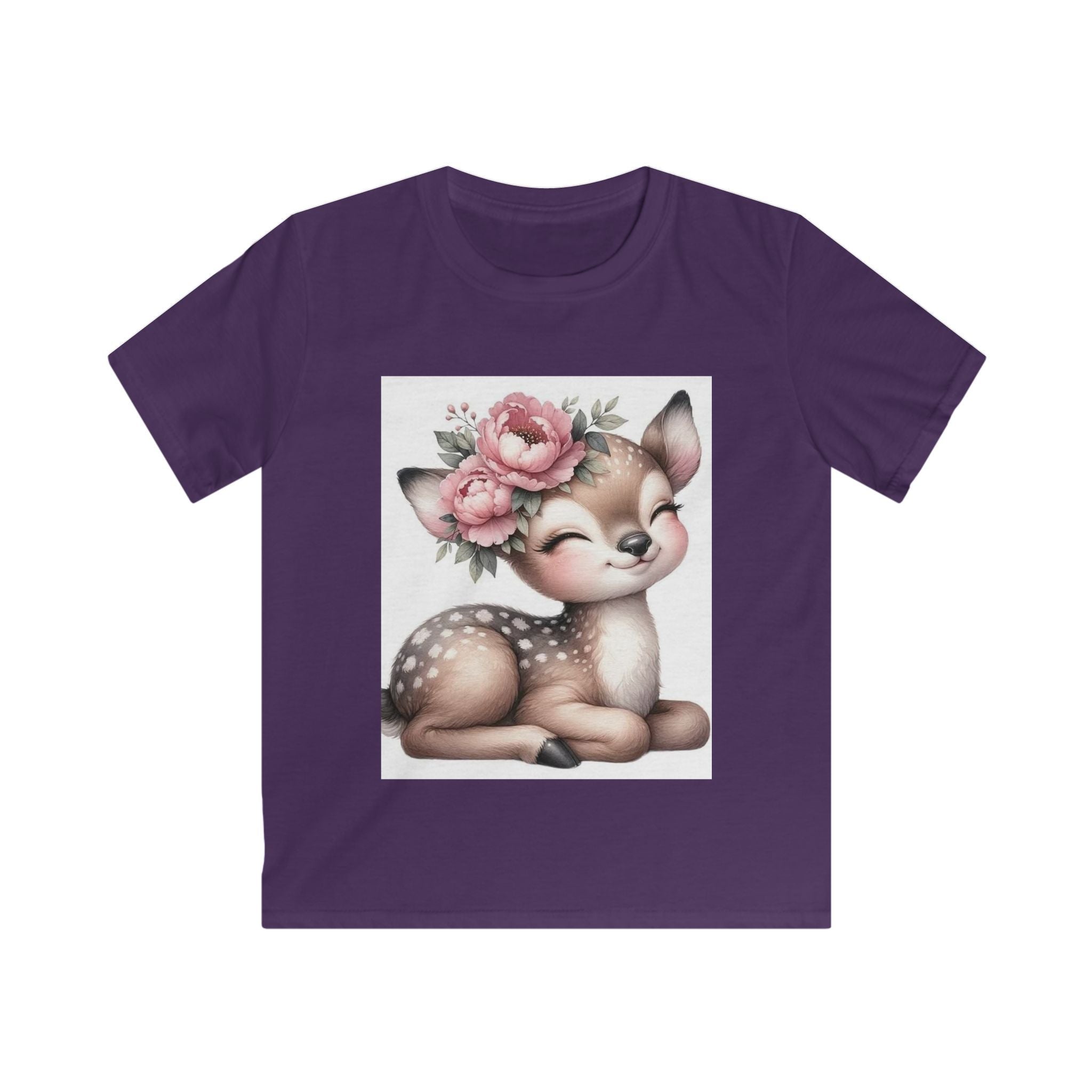 T-shirt bambino viola con stampa cerbiatto e fiori rosa in riquadro