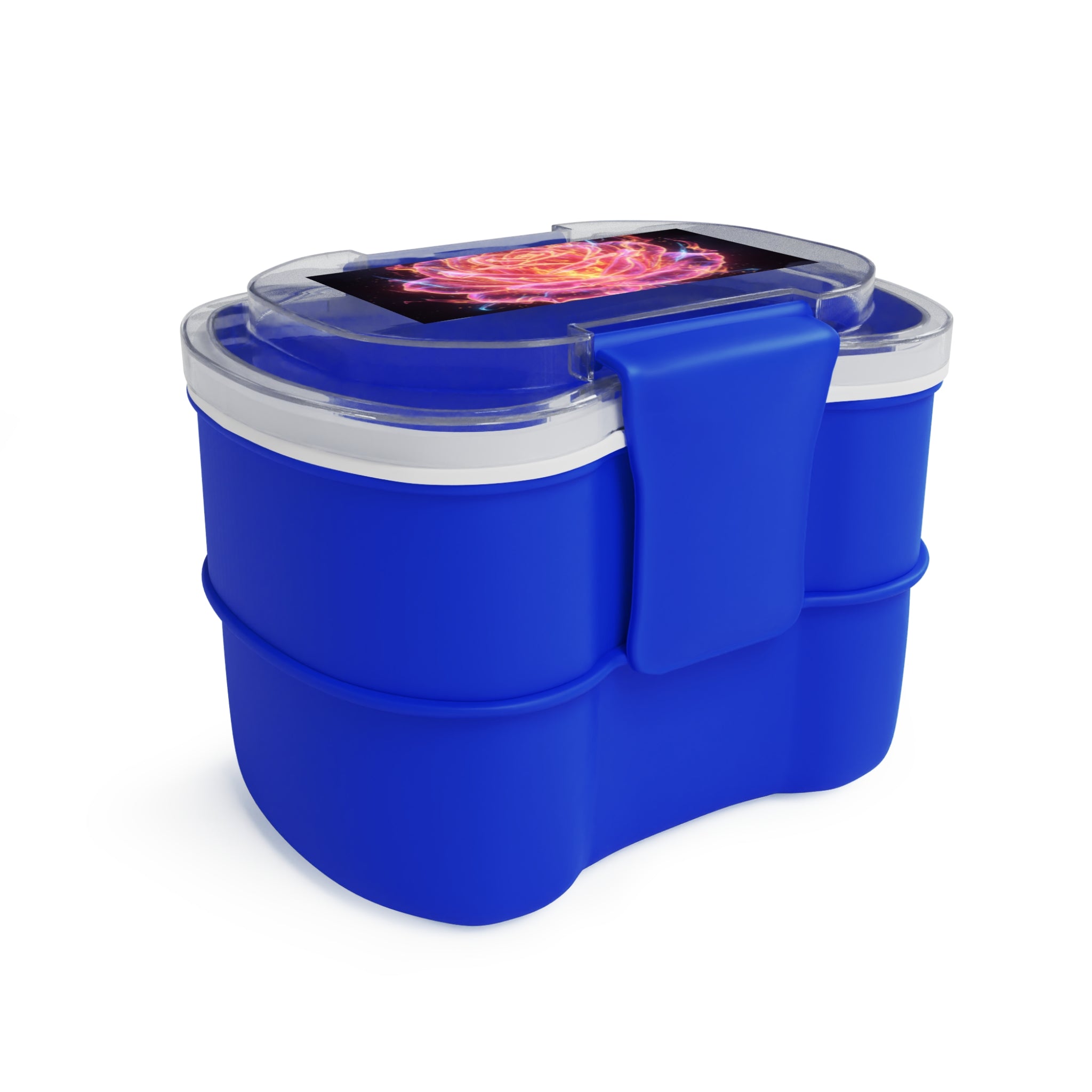 Scatola bento a due piani blu con chiusura centrale e coperchio trasparente