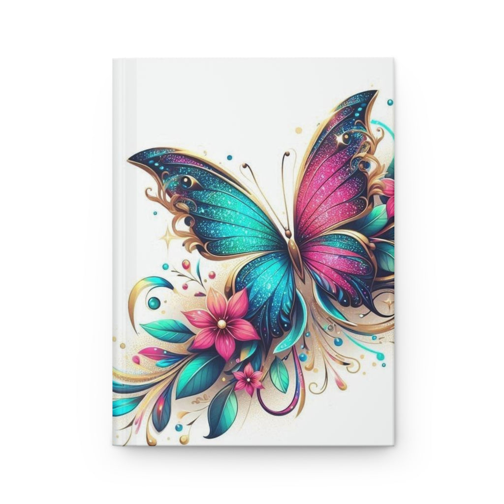 Taccuino con copertina rigida opaca, farfalla colorata su sfondo chiaro