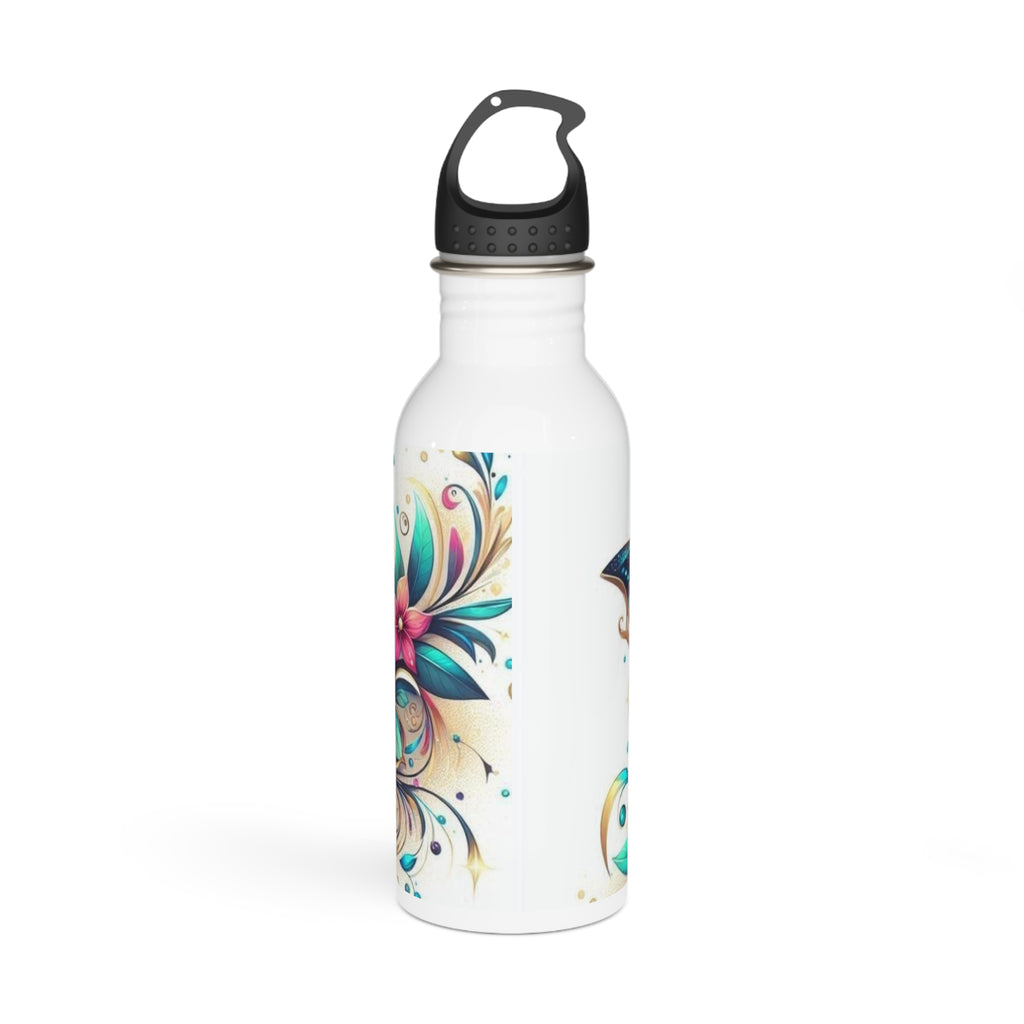 Bottiglia d’acqua in acciaio inox bianca con coperchio nero e motivo floreale/farfalle