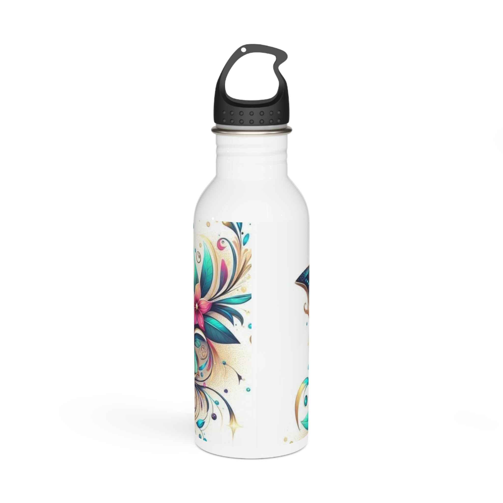 Bottiglia d’acqua in acciaio inox bianca con coperchio nero e motivo floreale/farfalle