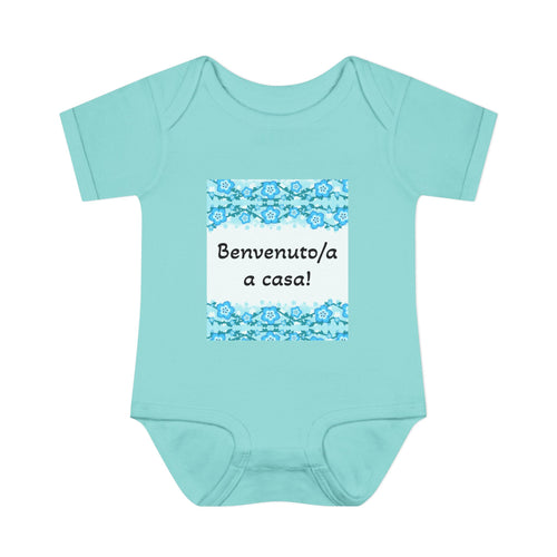 Body per neonato SamyeLuna verde acqua con scritta Benvenuto/a a casa! su riquadro azzurro