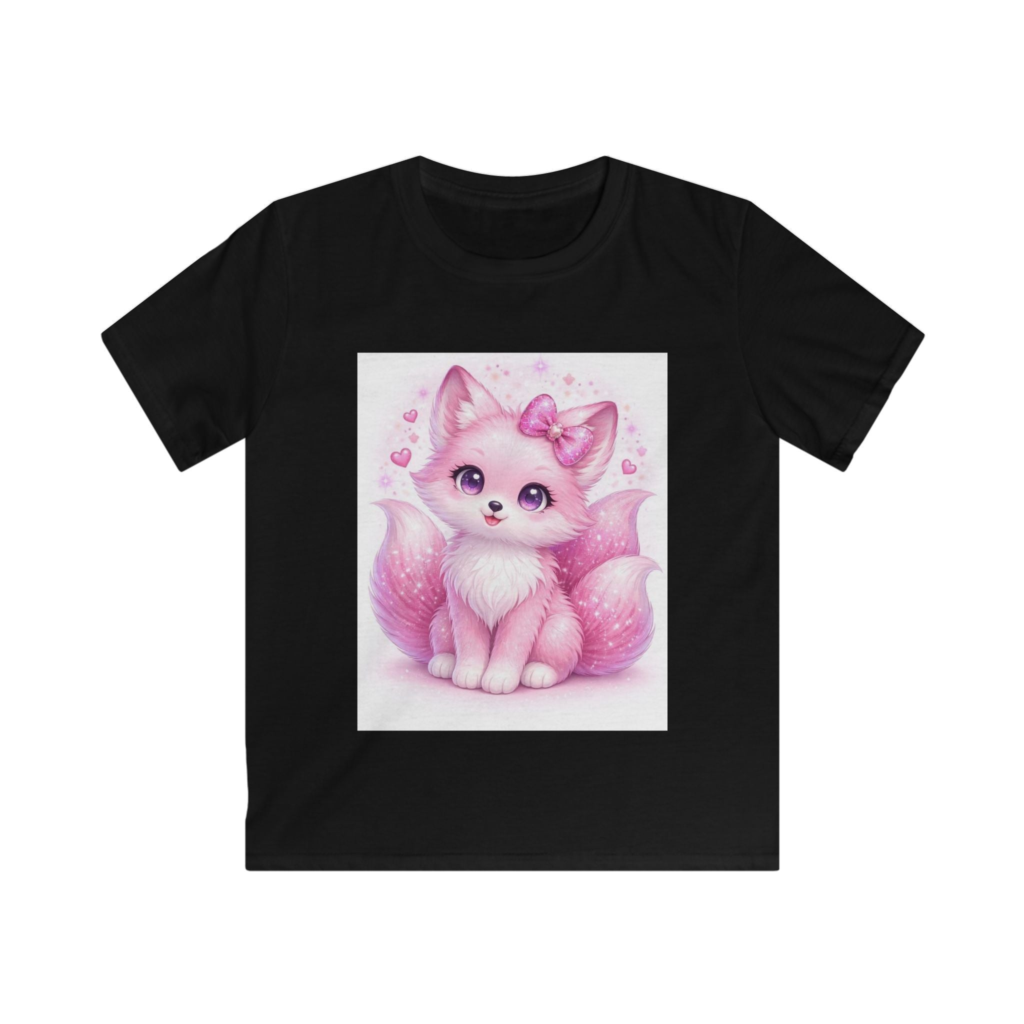T-shirt bambino nera con stampa gattino rosa con fiocco al centro