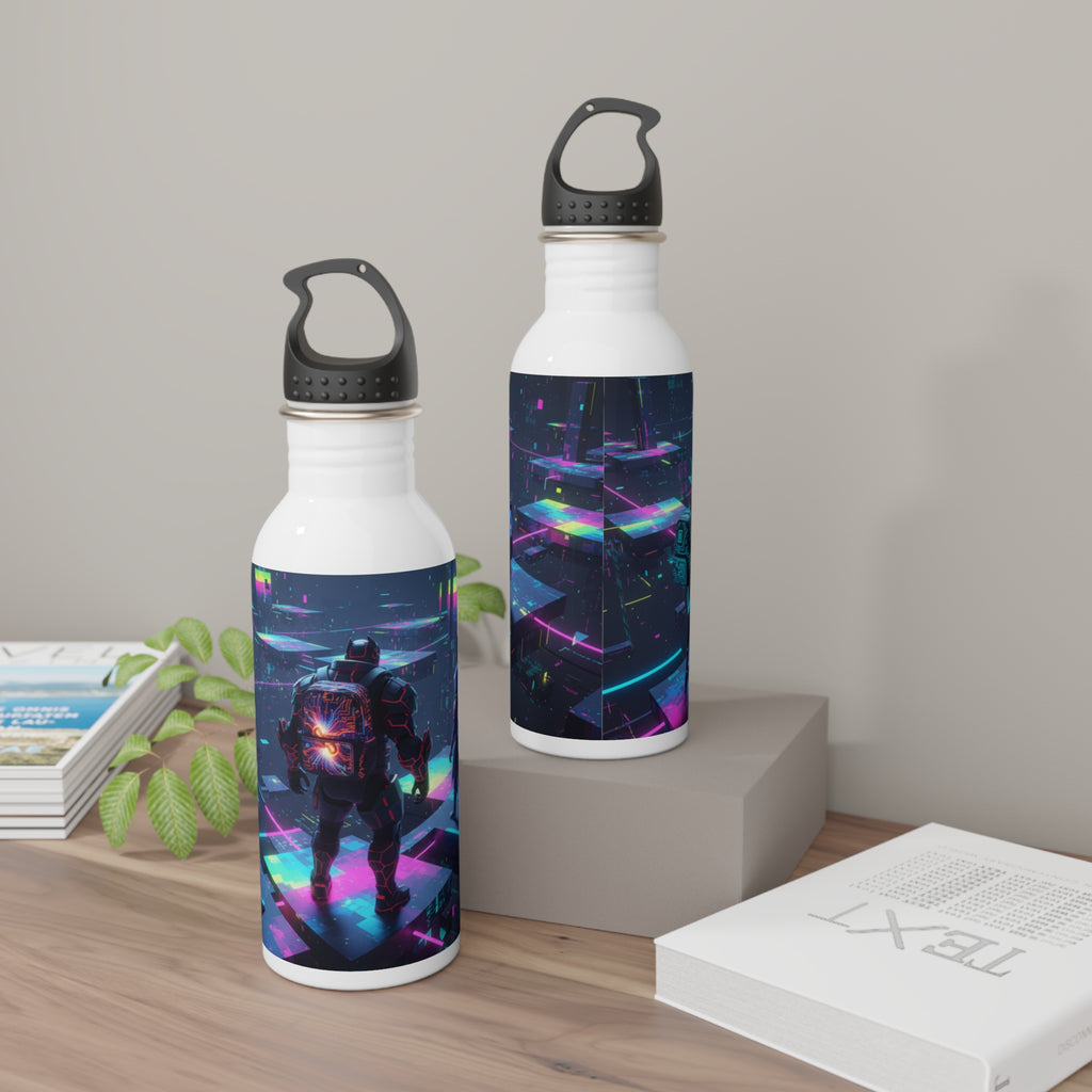 Due bottiglie d’acqua in acciaio bianche con tappo nero e grafica neon