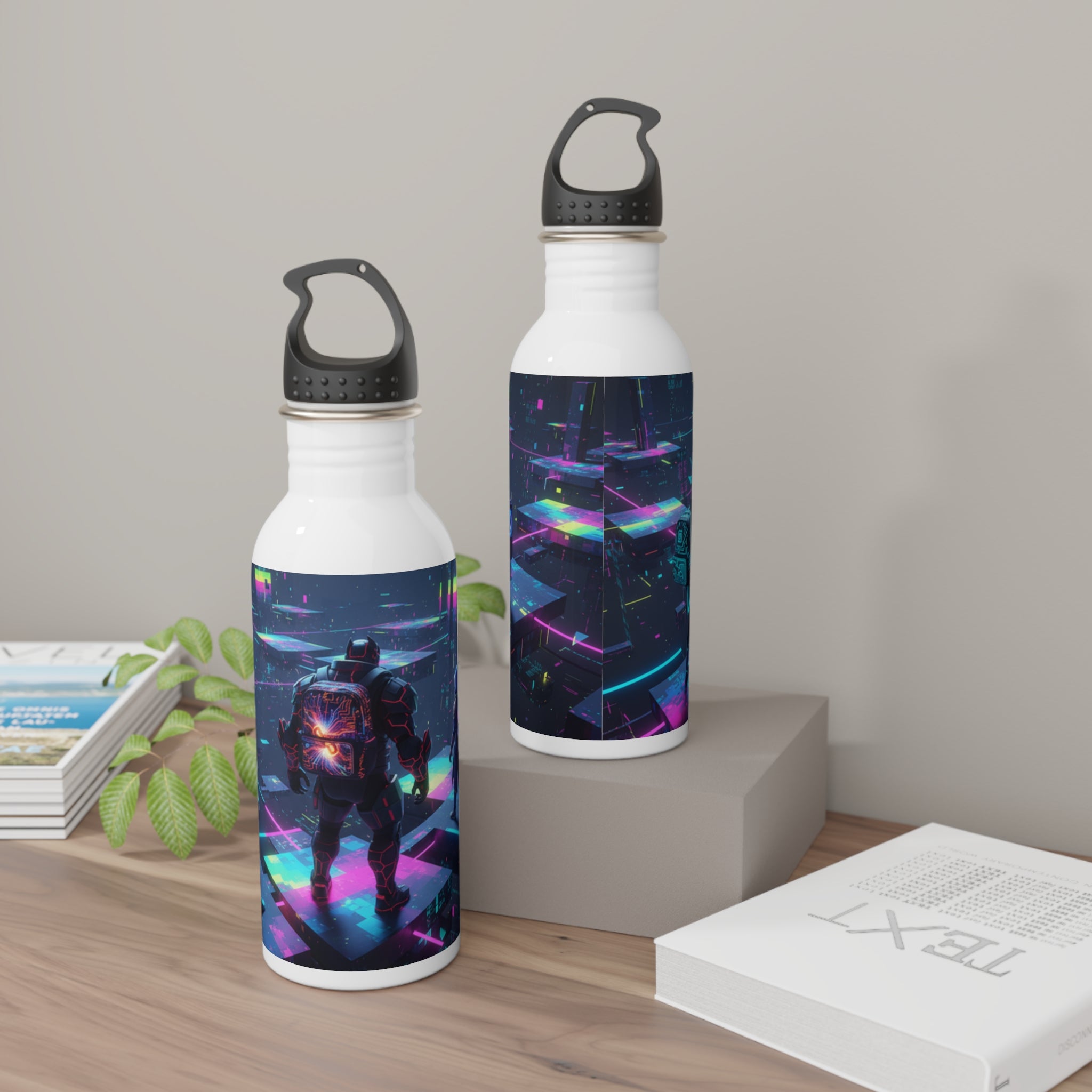 Due bottiglie d’acqua in acciaio bianche con tappo nero e grafica neon