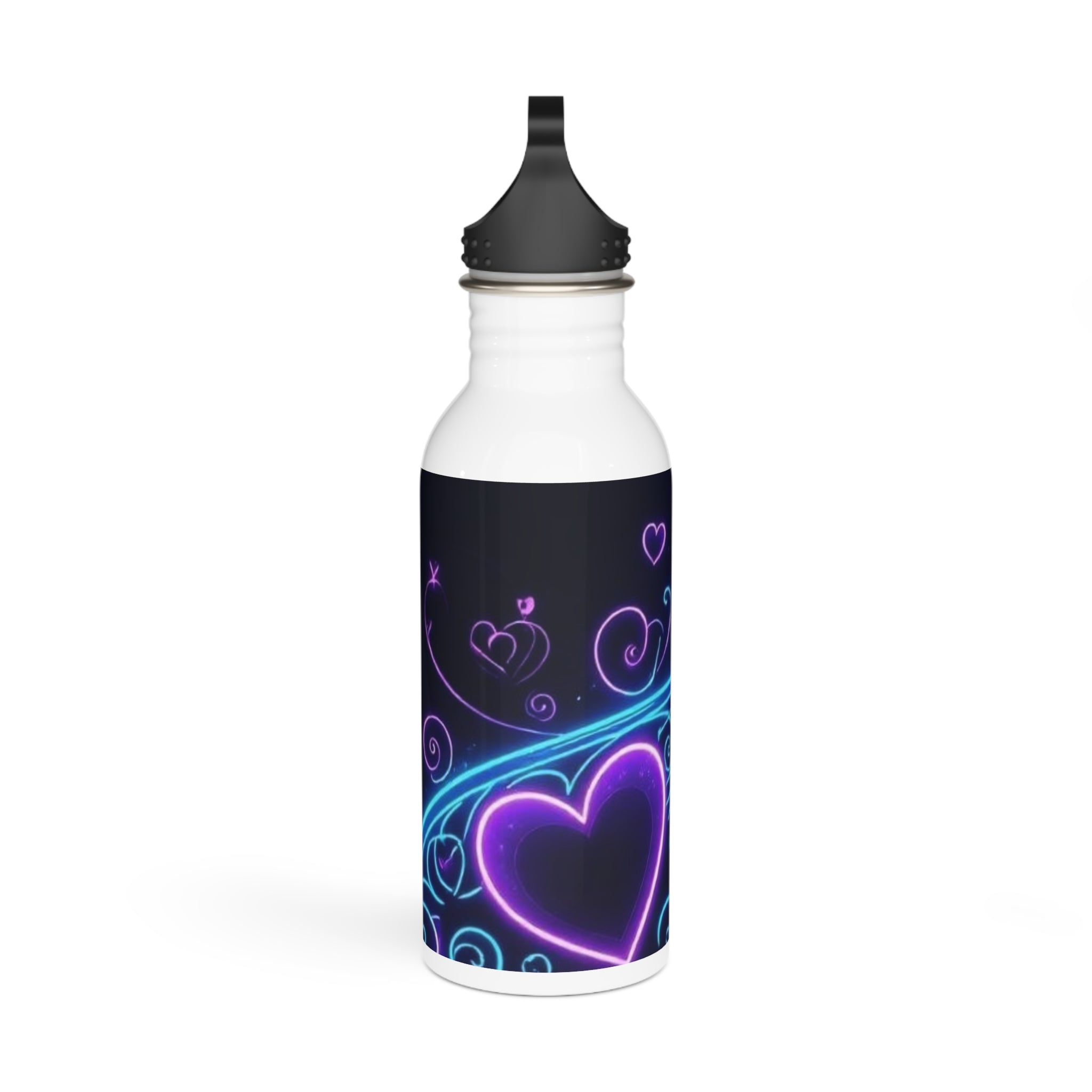 Borraccia in acciaio bianca con tappo nero e fantasia cuori e spirali blu-viola.