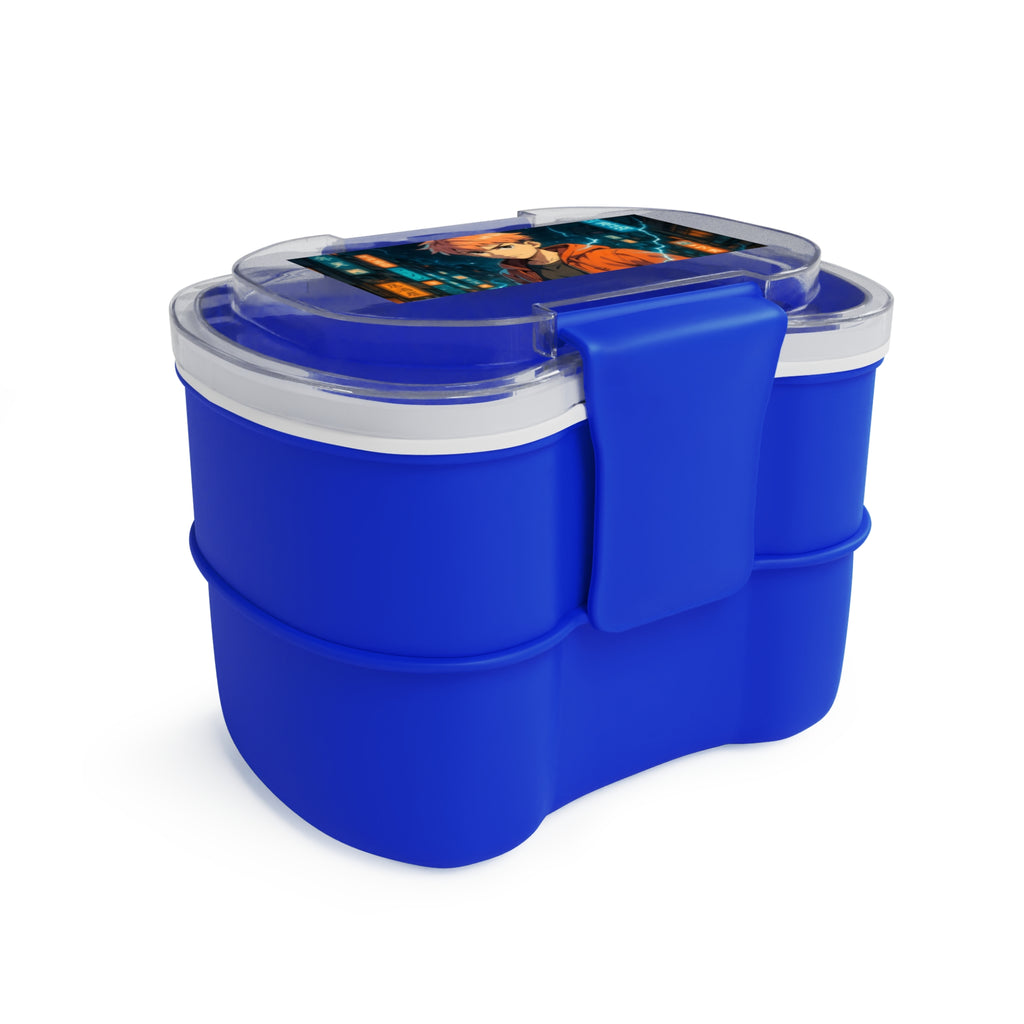 Contenitore bento a due livelli blu con scomparti e coperchio trasparente