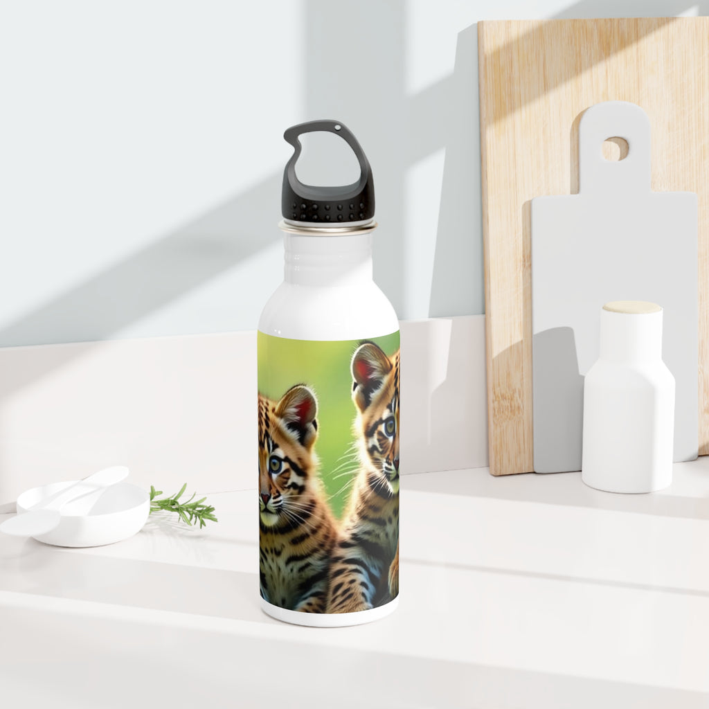 Borraccia in acciaio inox bianca con coperchio nero e stampa di cuccioli di tigre.
