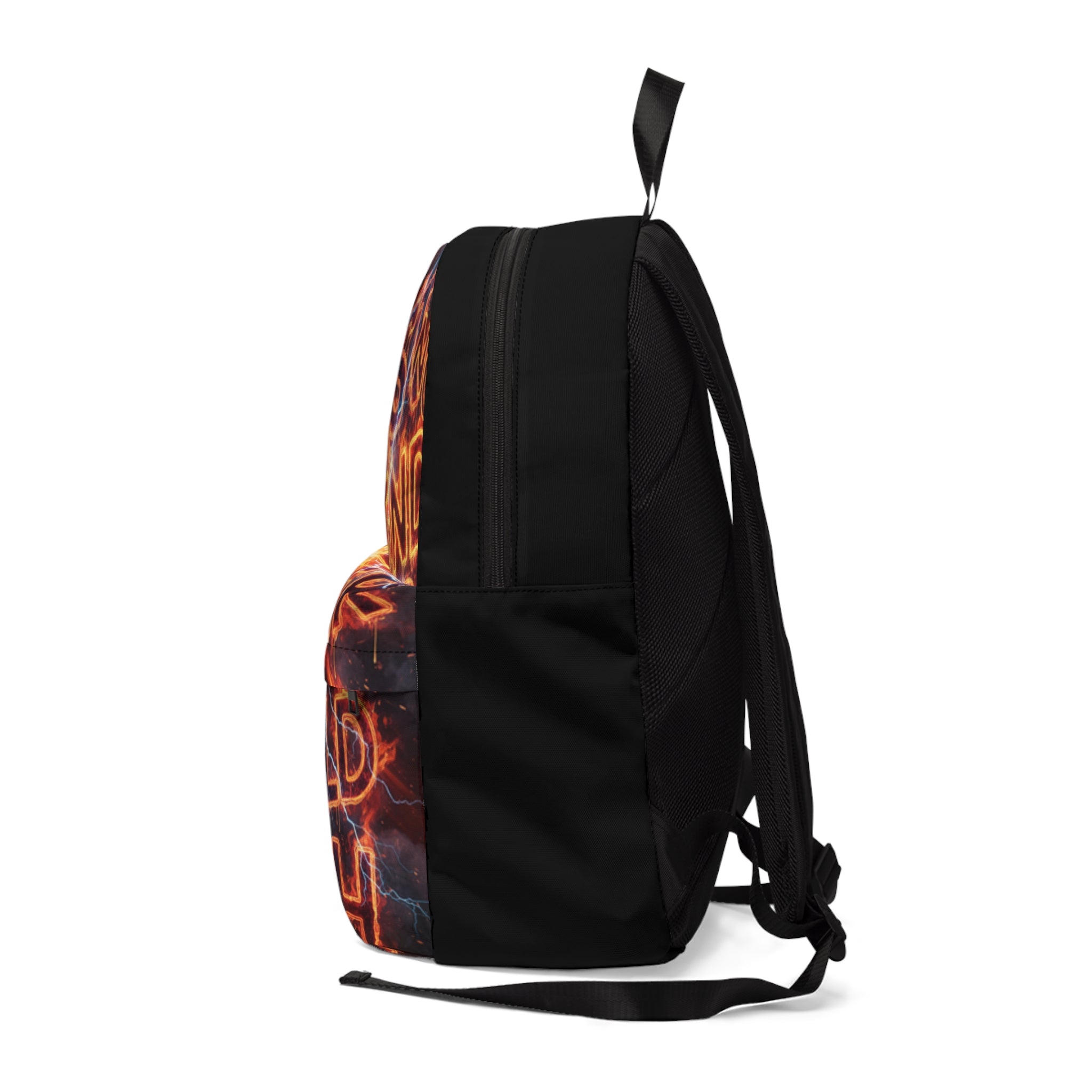 Zaino unisex nero con stampa laterale arancione-blu, spallacci e maniglia superiore