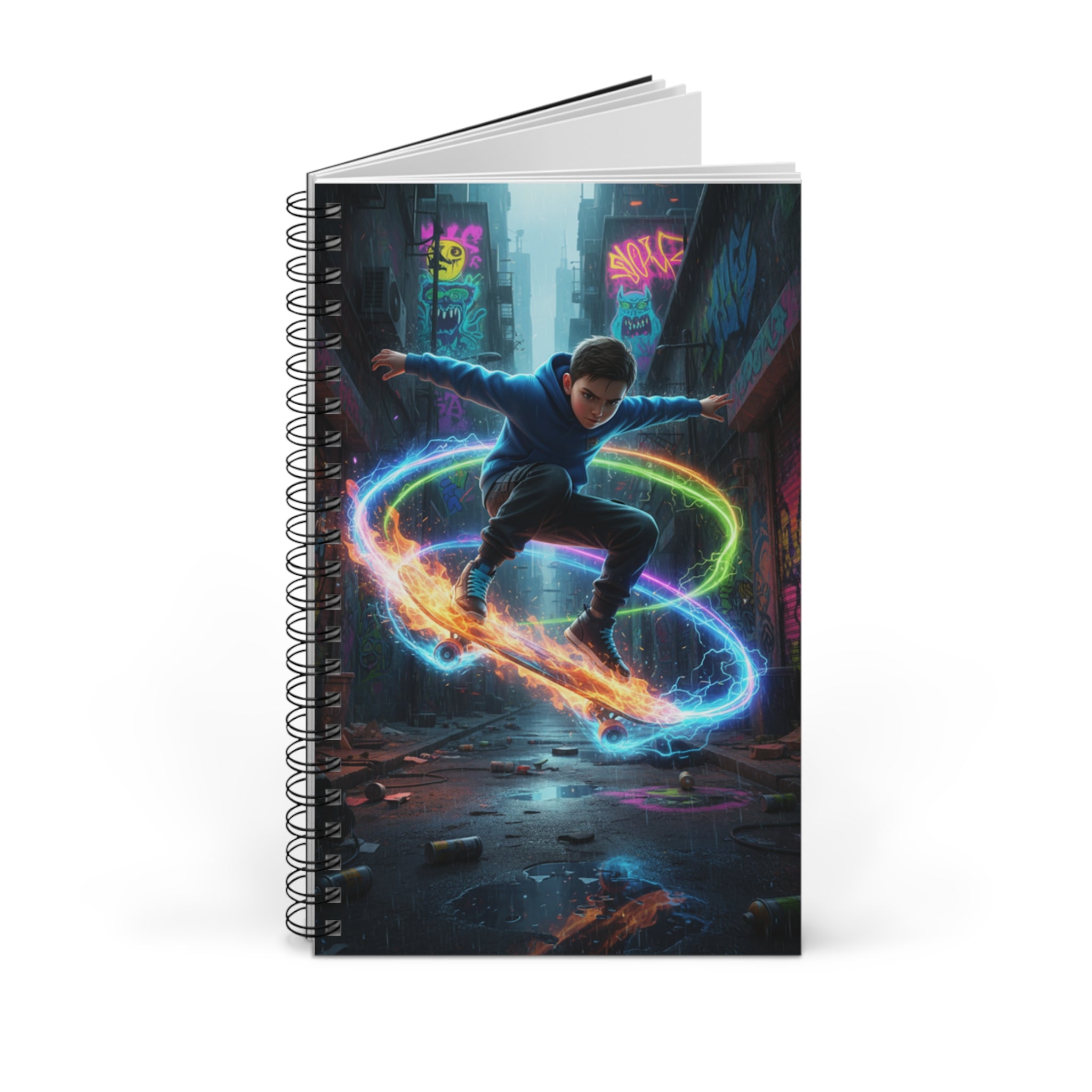 Quaderno ad anelli con copertina nera e grafica neon, pagine interne visibili