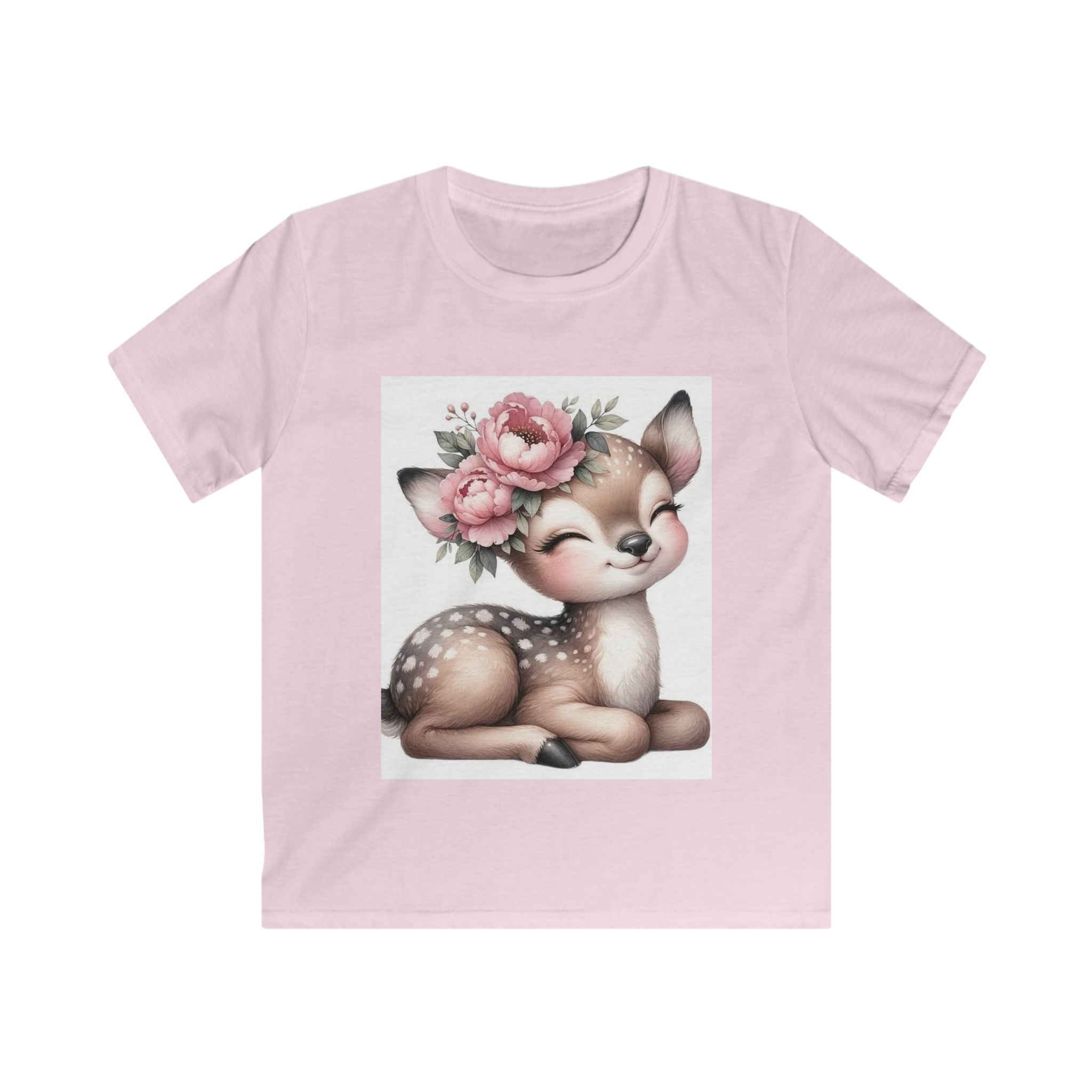 T-shirt bambino rosa chiaro con stampa cerbiatto e fiori rosa in riquadro