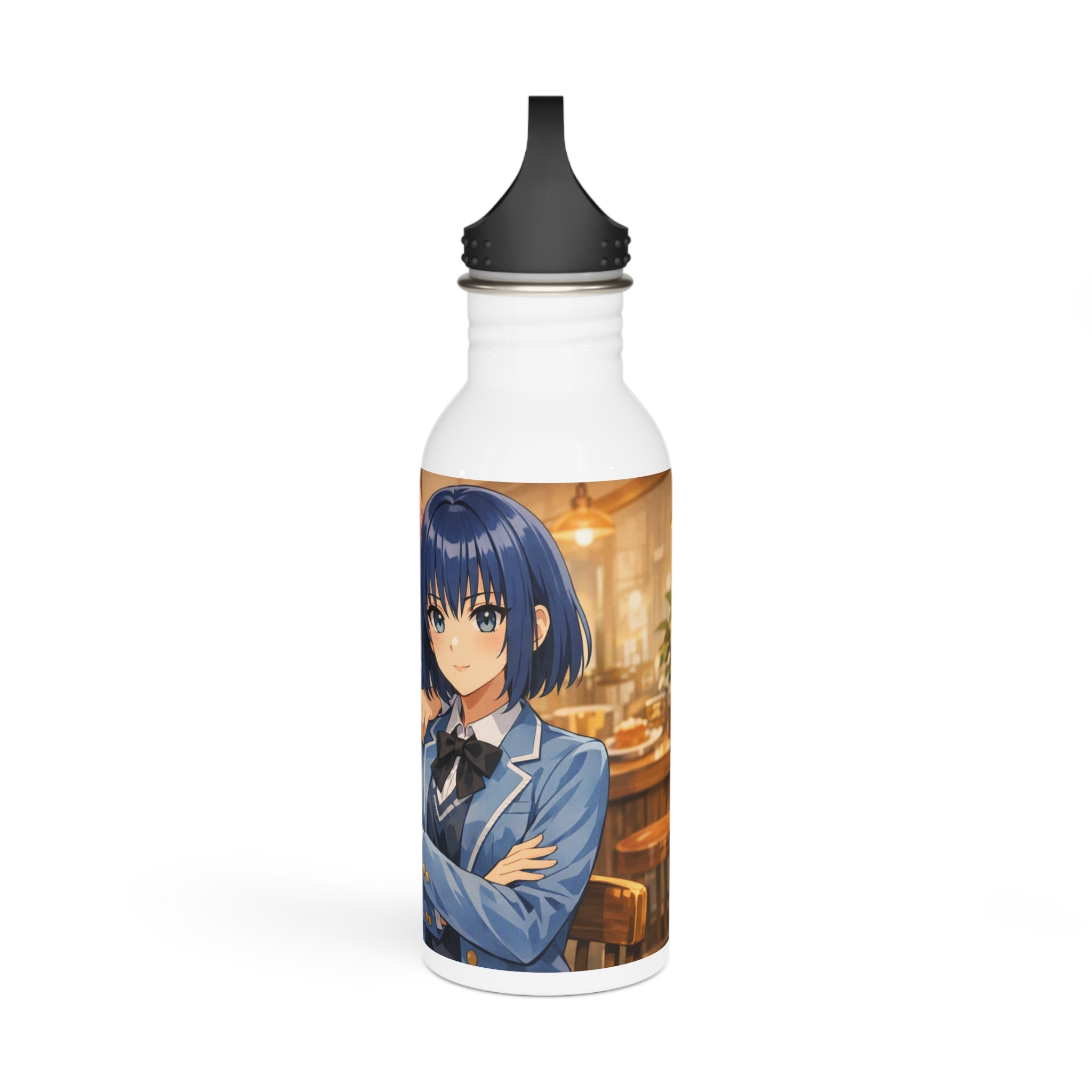 Bottiglia d’acqua in acciaio bianca con tappo nero e grafica di personaggio blu.